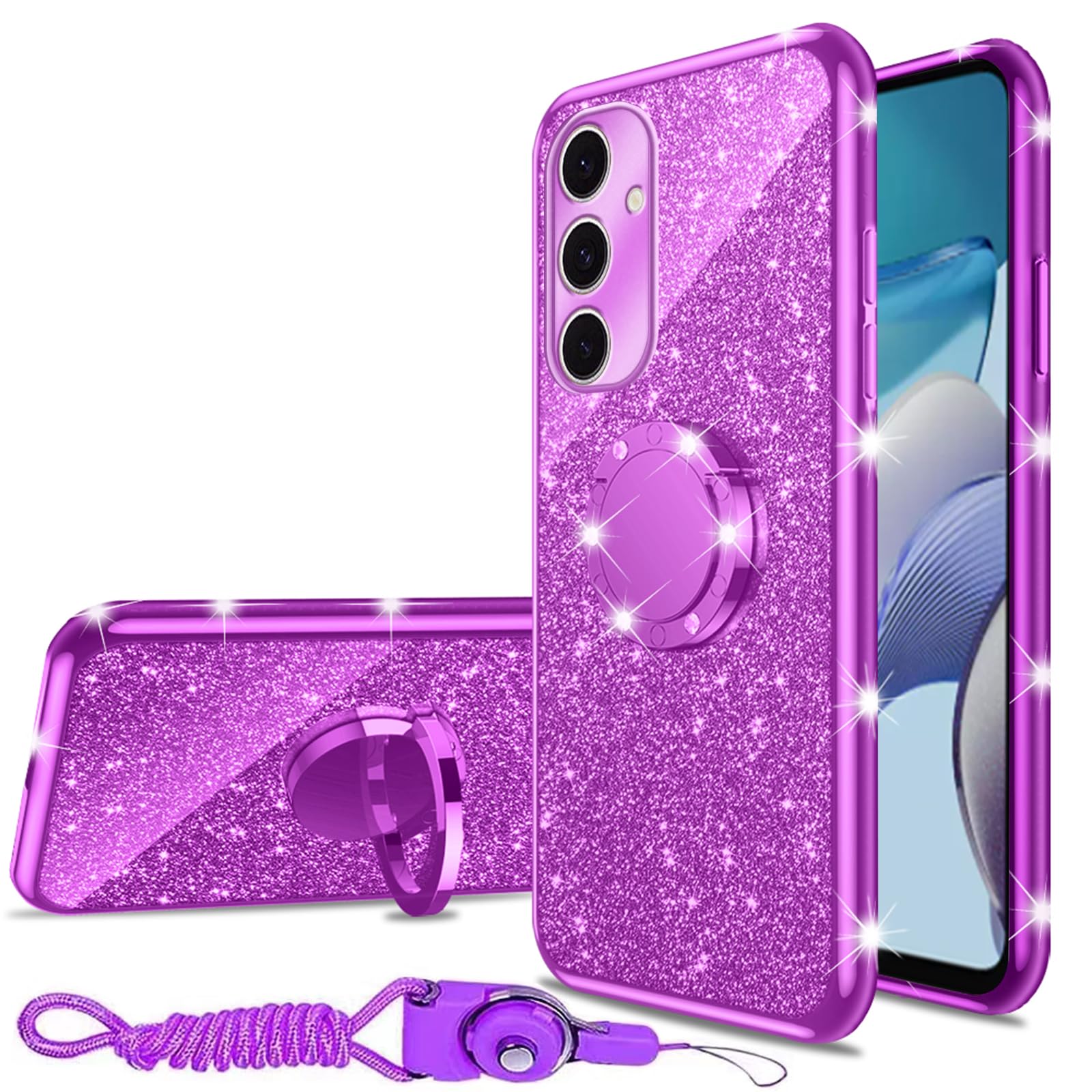 nancheng Cell Phone Case for Samsung Galaxy S24 FE Cute Girls Women Glitter Soft TPU Cover with Ring Kickstand Strap Lanyard Shockproof Protective