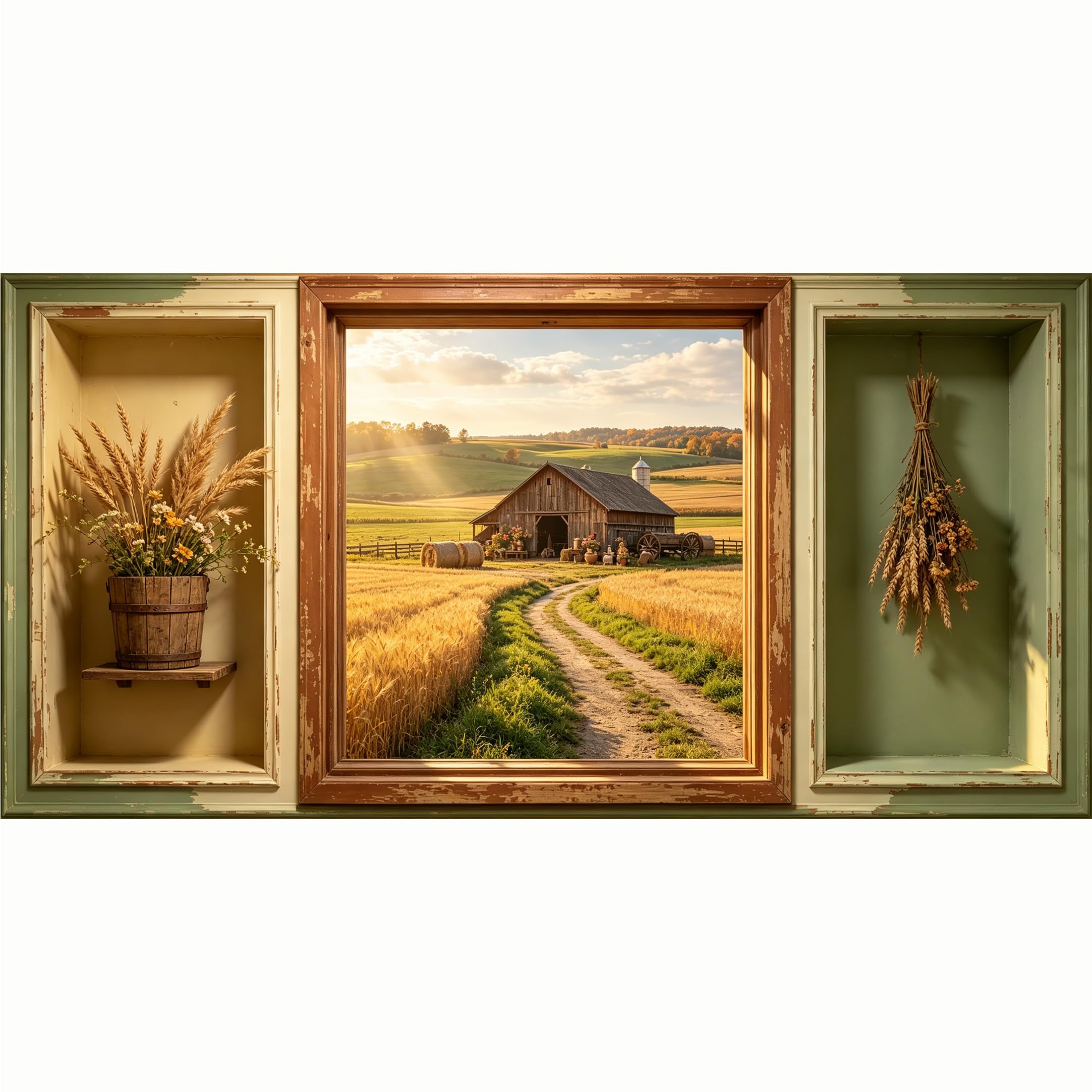 QZLITHOTIC 50x100cm 3D Framed Wall Art， Farmhouse Sunset Countryside Wheat Field Self‑Adhesive Mural， Water‑Activated Peel & Stick Fabric Decor Wall Decal for Bedroom Living Room