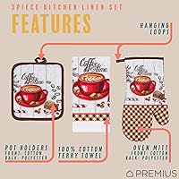 Vista 2 de Juego de ropa de cocina estampada Coffee Time de 3 piezas, 1 toalla de algodón, 1 agarradera, 1 guante de horno con lazo para colgar, material 100%