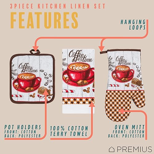 Miniatura 2 de PREMIUS Juego de ropa de cocina estampada Coffee Time de 3 piezas, 1 toalla de algodón, 1 agarradera, 1 guante de horno con lazo para colgar,
