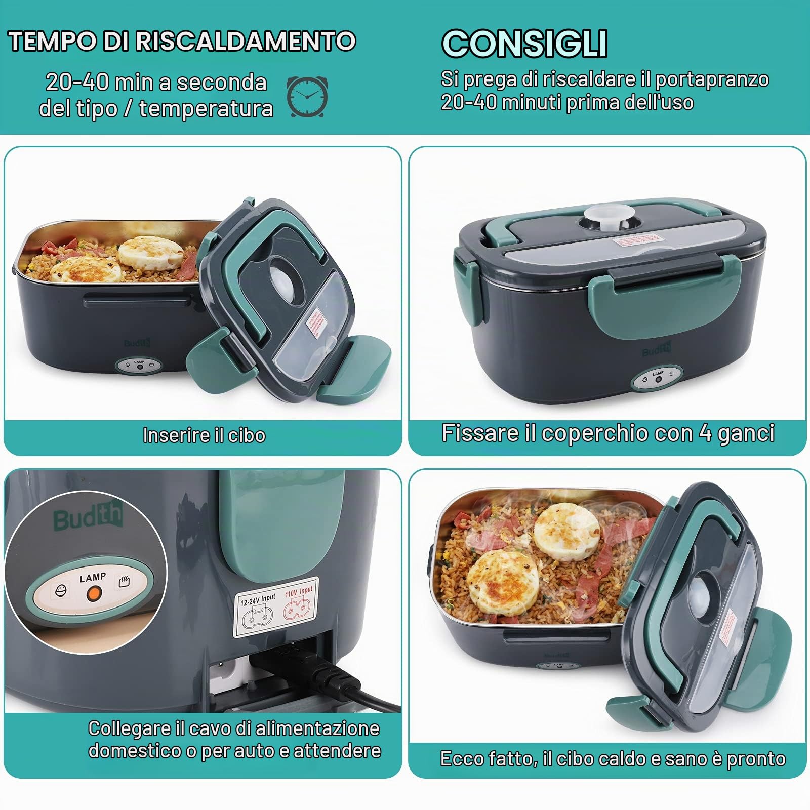 80W Scaldavivande Elettrico, Scaldavivande Portatile per Auto e Casa, Contenitore Rimovibile in Acciaio Inossidabile 304, Forchetta e Cucchiaio SS e Borsa Per il Trasporto (Grey)