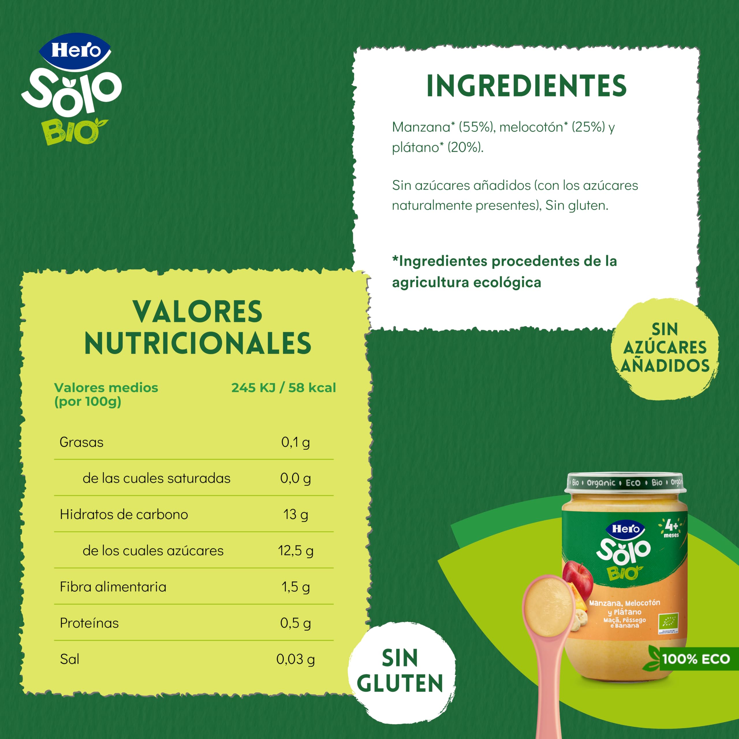 Hero Solo Bio Tarritos de Manzana, Melocotón y Plátano 100% Ecológico, con Ingredientes Naturales para bebés desde los 4 meses - Pack de 12 x 190 g