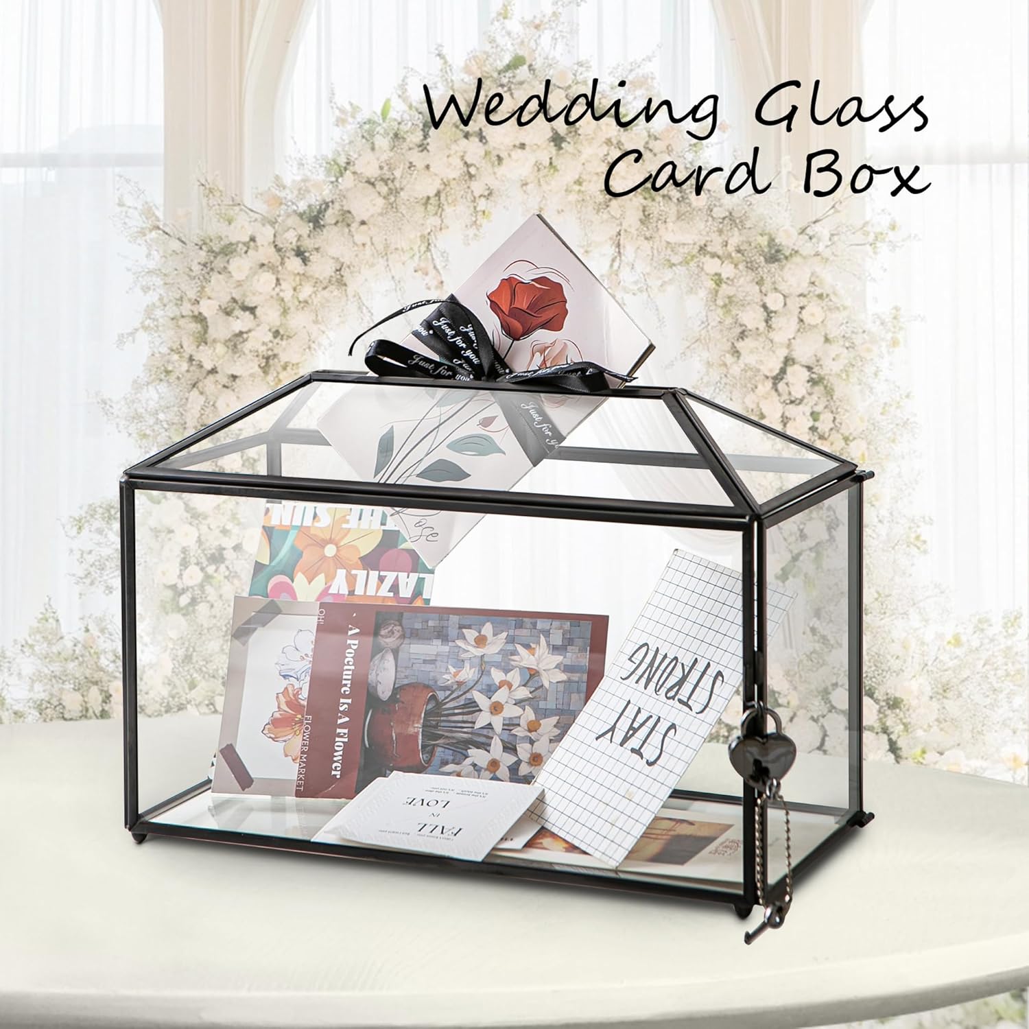 12.6" x 6" x 9" Wedding Glass Card Box with Slot and Lock for Wishing Well, Keepsake, Envelope - Birthday Party Reception Decor, Black (Glass Box Only) Slot Length 7.3 Inches