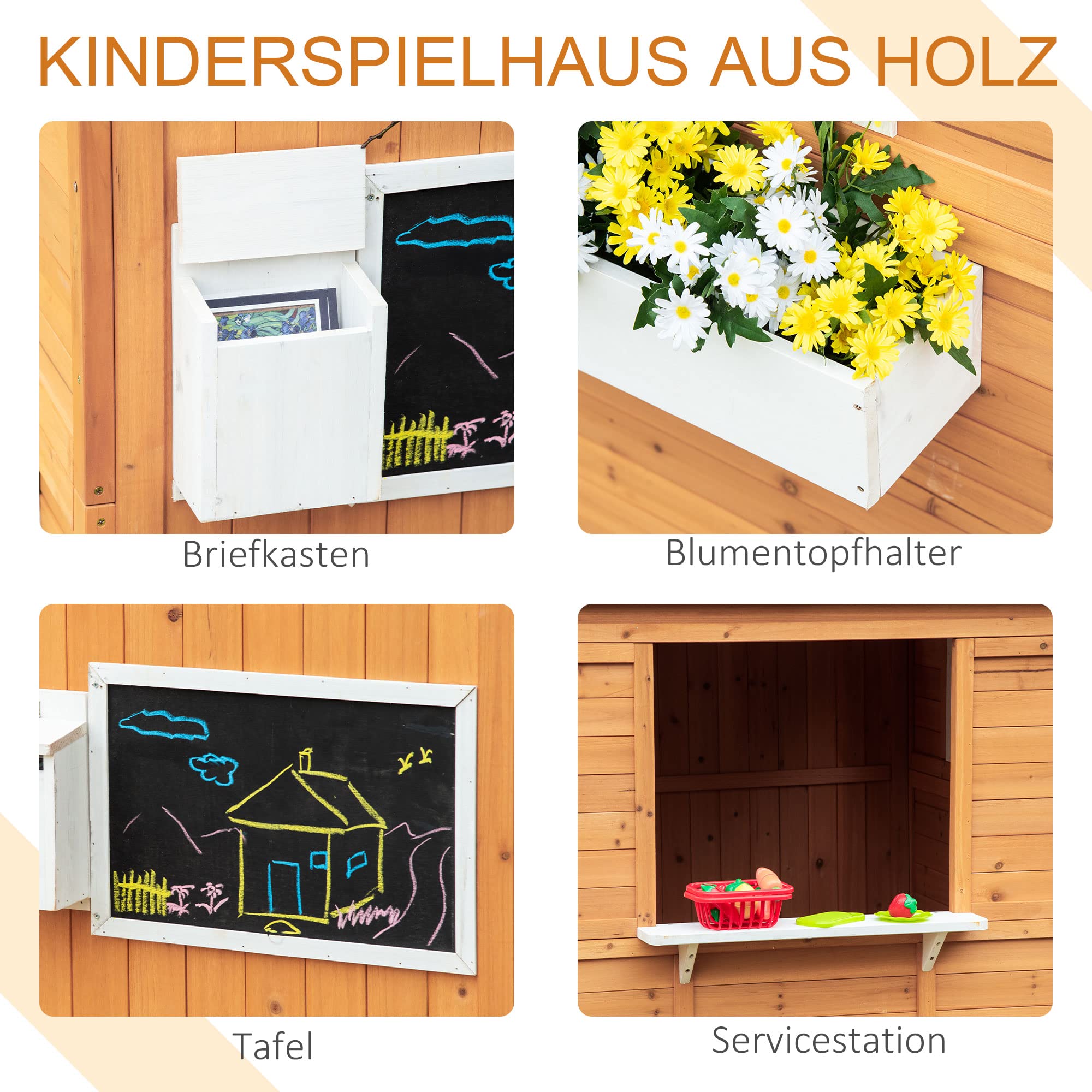 Outsunny Spielhaus Kinderspielhaus aus Holz mit Tür Fenster Briefkasten Blumentopfrack Gartenhaus für Kinder 3-8 Jahre Outdoor Indoor