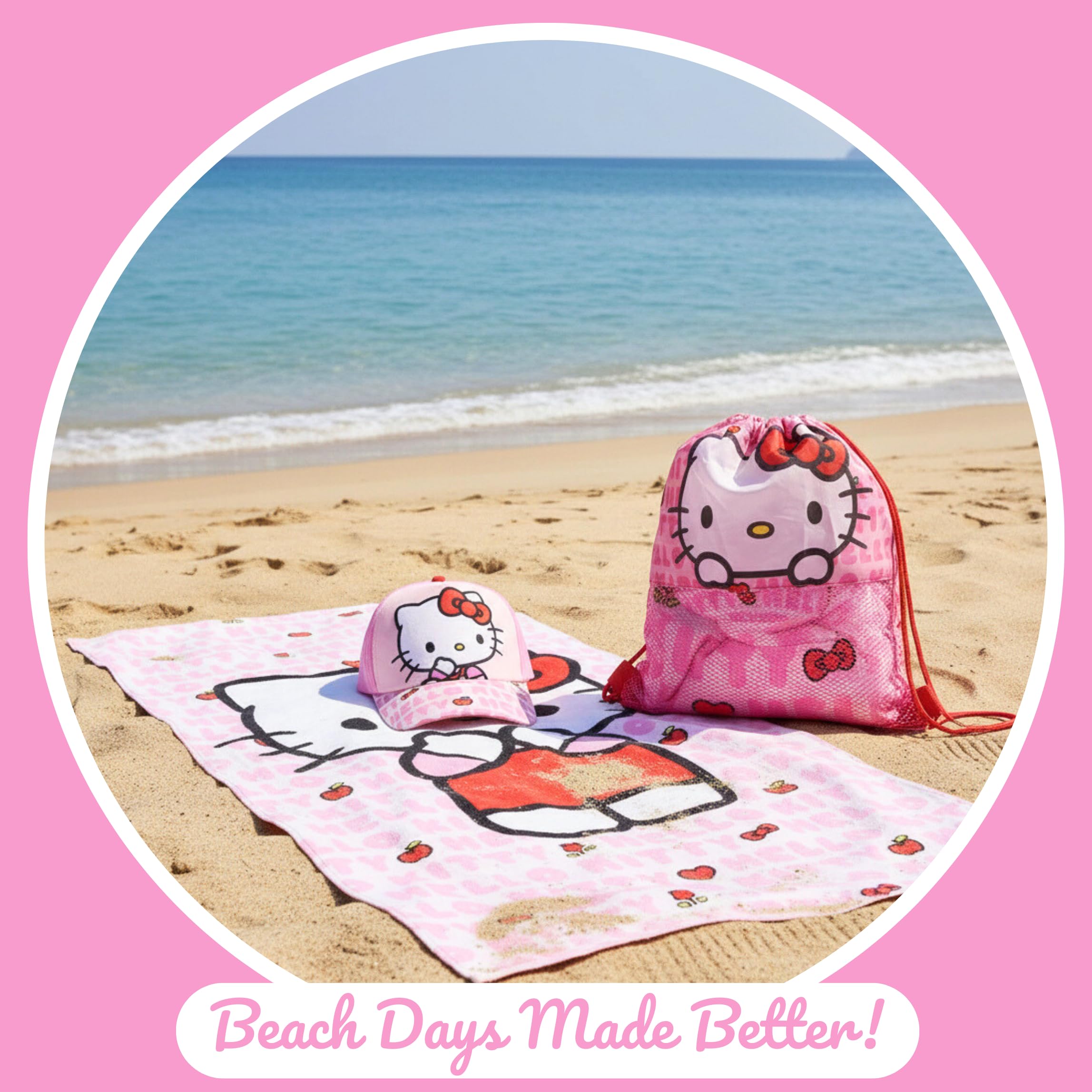 Hello Kitty Gorra de Beisbol Toalla y Mochila Saco Cordón, Set 3 Piezas Infantil, Regalo de Verano Playa Piscina Excursiones para Niñas