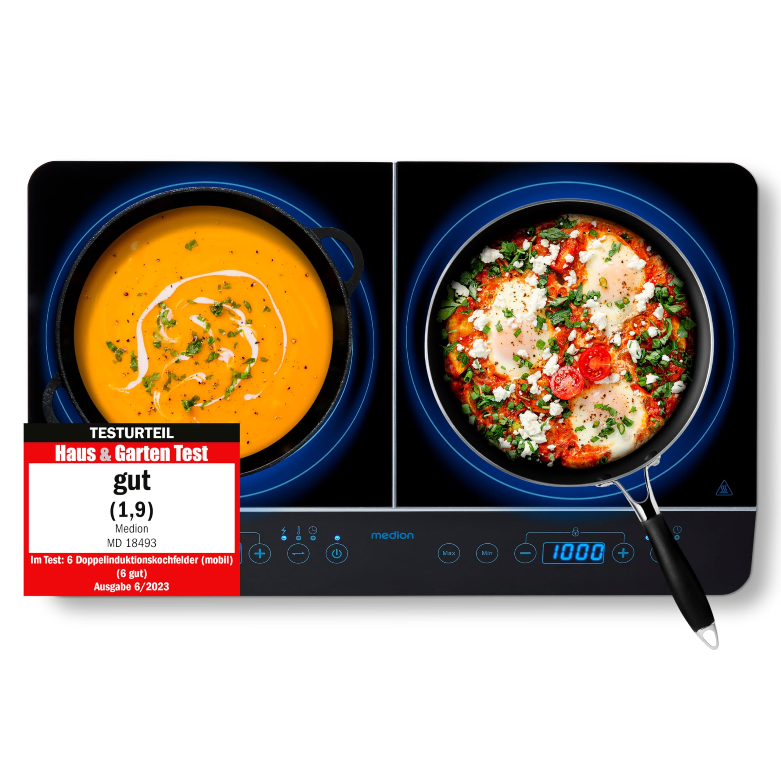 MEDION MD 15324 Doppel-Induktionskochplatte, 3500 Watt, Zwei Kochplatten, 10 Temperaturstufen, LED Display, schwarz