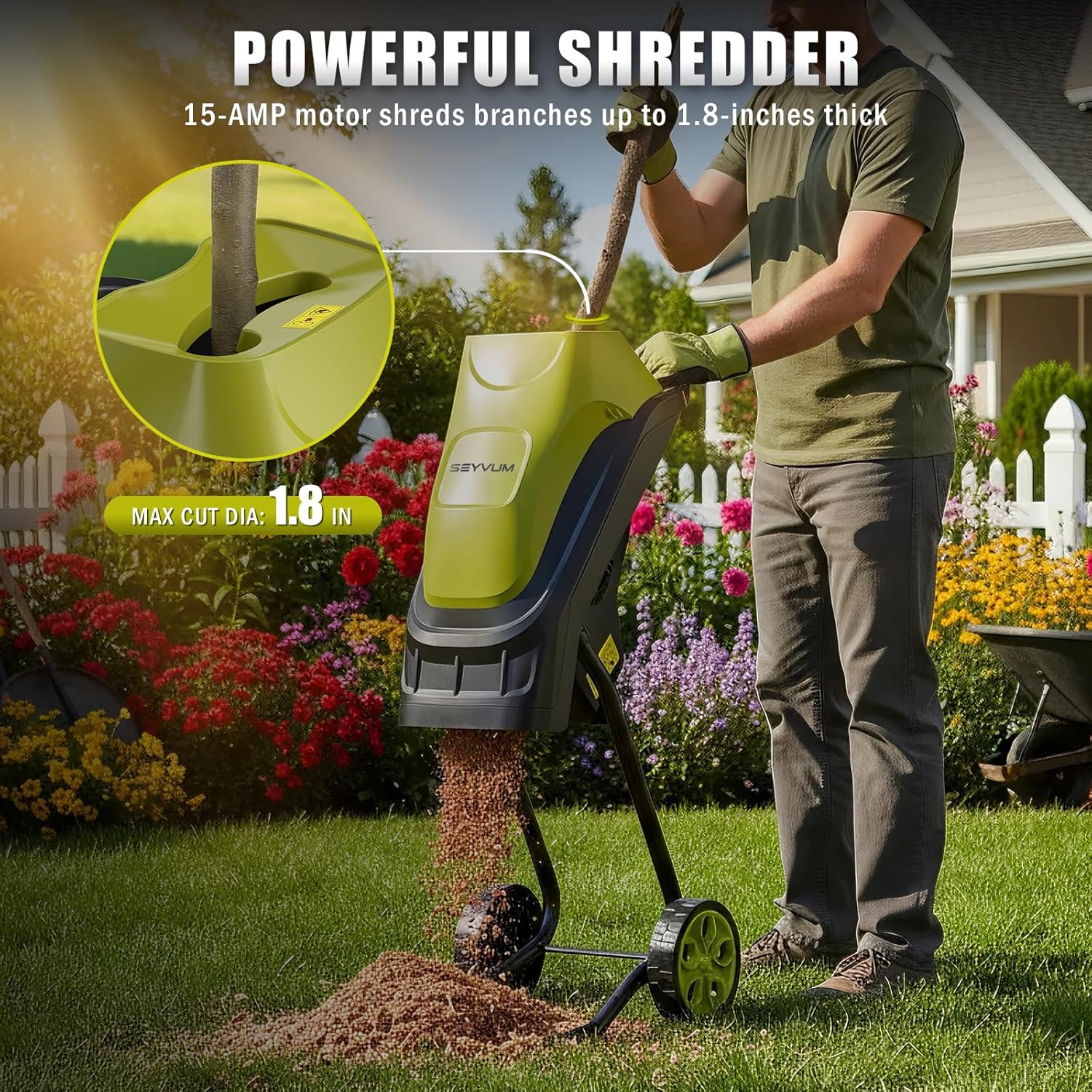 SEYVUM Wood Chipper, 15-Amp 1.8" Cutting Diameter, Electric Wood Chipper & Shredder with 45L Collection Bag and Push Stick, Efficient Mulcher for Yard Waste and Branches, 18:1 Reduction