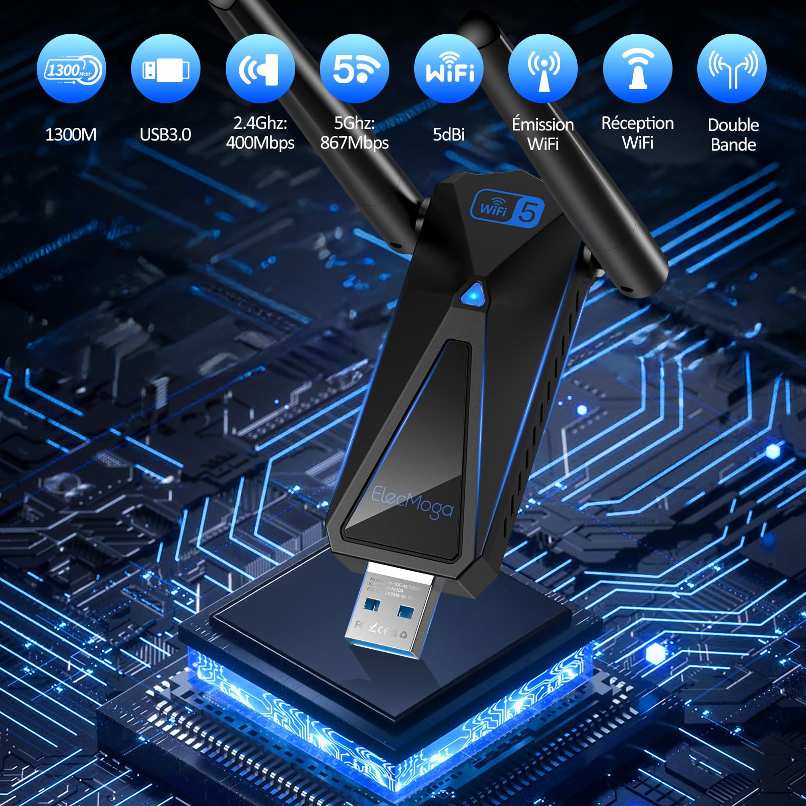 ElecMoga Clé WiFi 1300Mbps USB 3.0 Dual Band 2.4GHz/5GHz Antenne 2x5dBi Compatible Windows 11/10/8/7/Vista/XP Mac Linux