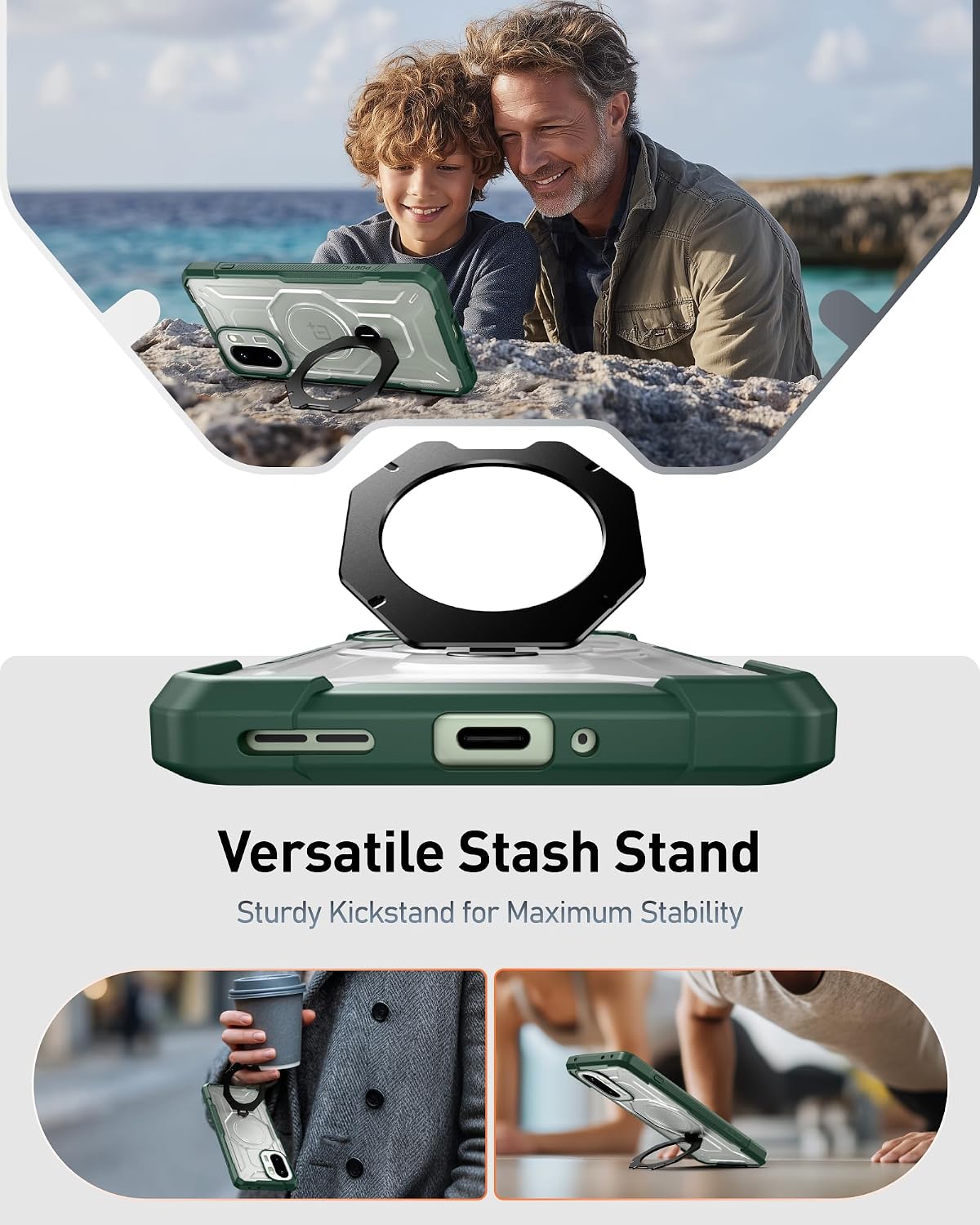 Poetic for OnePlus 15R Case, | 360° Rotate Magnetic Ring Kickstand | Military Grade Drop Proof Protection Cover | Tempered Glass Screen Protector | Translucent Matte Phone Case | Green/Clear