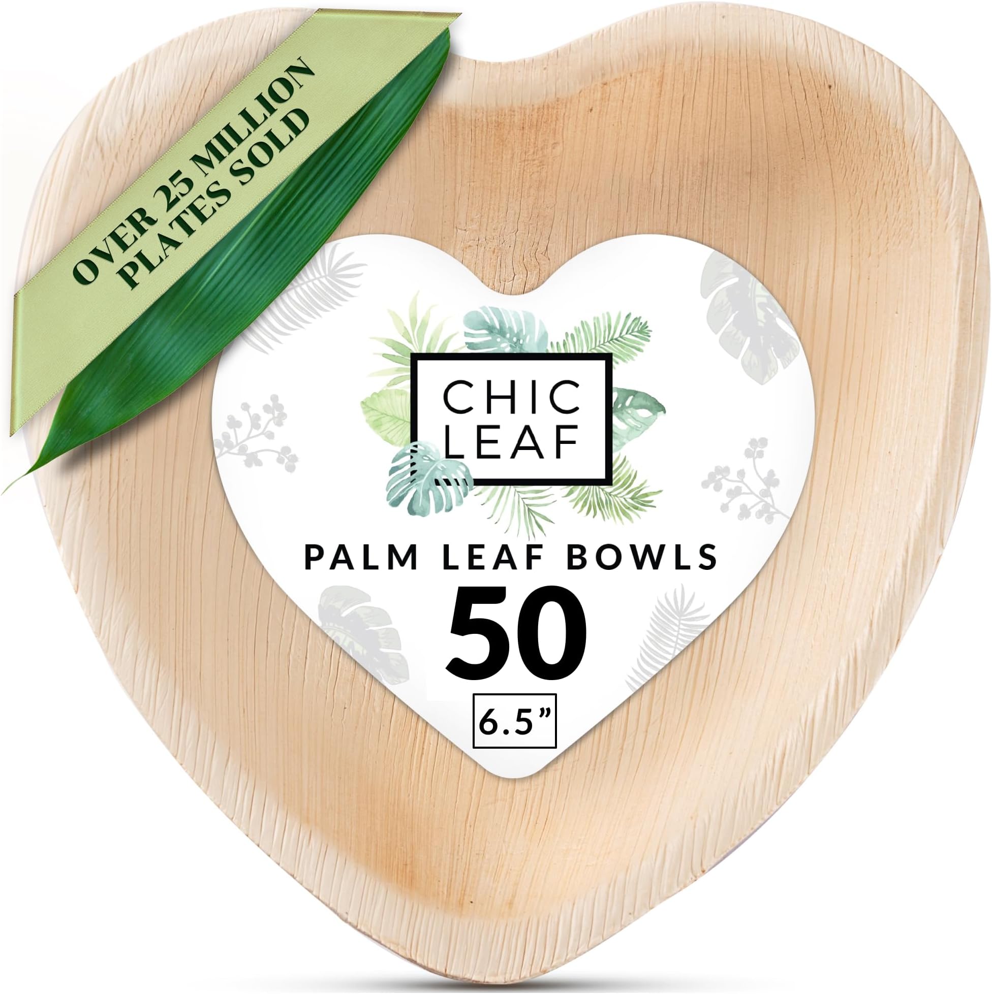 Chic Leaf Palm Leaf Bowls Disposable Bamboo Heart Shaped Bowls 6.5 Inch Dish (50 Pieces) - Compostable Plates - for Catering, Charcuterie, Parties | Mini heart bamboo-style bowls - Use for weddings, bridal showers, parties & summer dinners