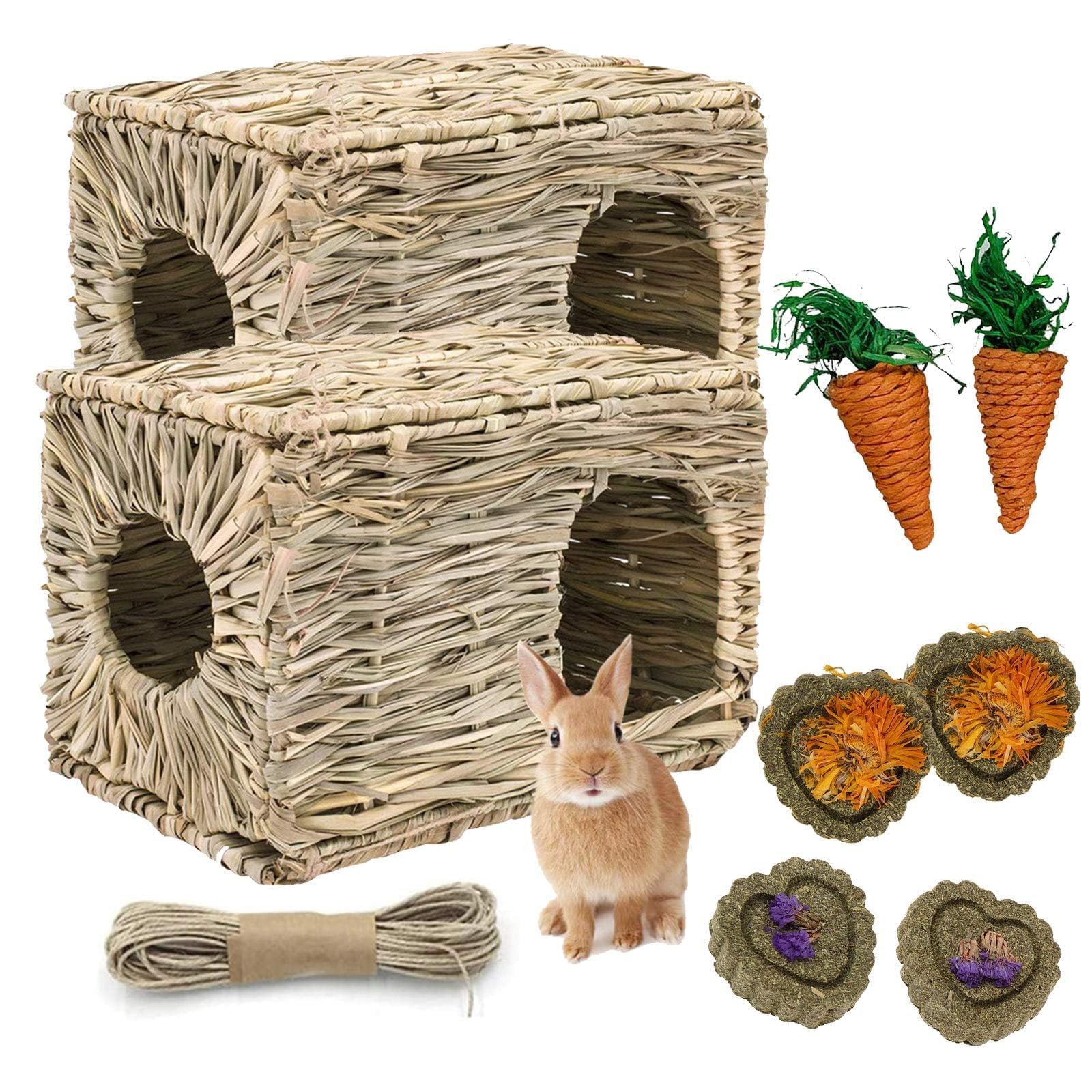 kathson 2 Pcs Large Rabbit Grass House Natural Foldable Hand Woven Seagrass Bed Carrot Hay Toy Hut Safe Comfortable Playhouse with 6 PCS Bunny Chew