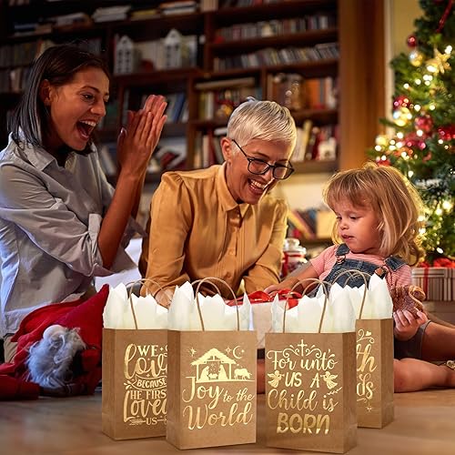 Miniatura 4 de Sabary 24 bolsas de regalo religiosas de Navidad, bolsas de regalo cristianas de Navidad, bolsas de regalo de papel kraft metálico con asas y