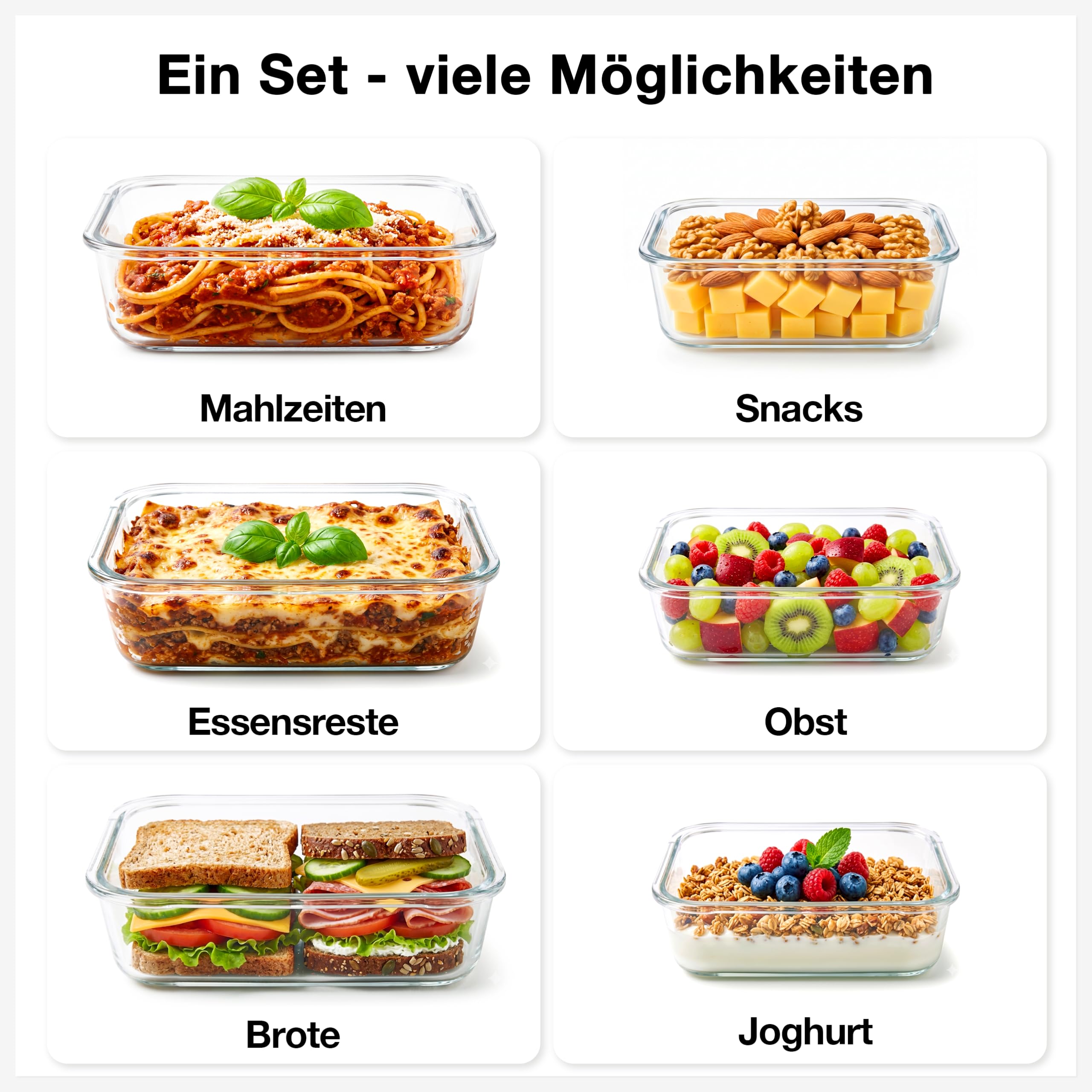 Haushaltszauber Set di contenitori in vetro, ermetici, con coperchio, per cucina, scorte e Meal Prep (set da 12 pezzi, rotondi, quadrati e rettangolari)