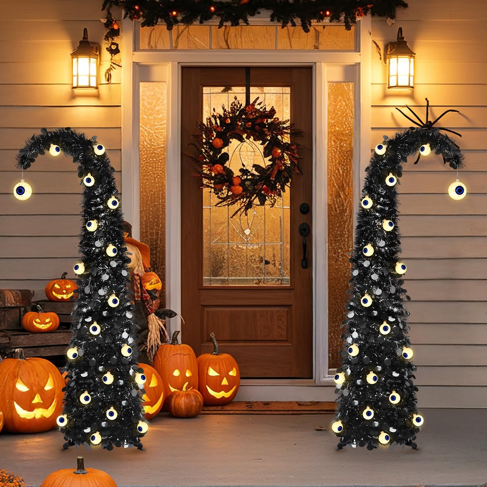 MACTING Albero di Natale stravagante con bulbo oculare, 1,5 m, nero, pop-up con 30 luci a bulbo oculare, albero curvo pieghevole per appartamento, portico, interno, esterno, decorazione natalizia