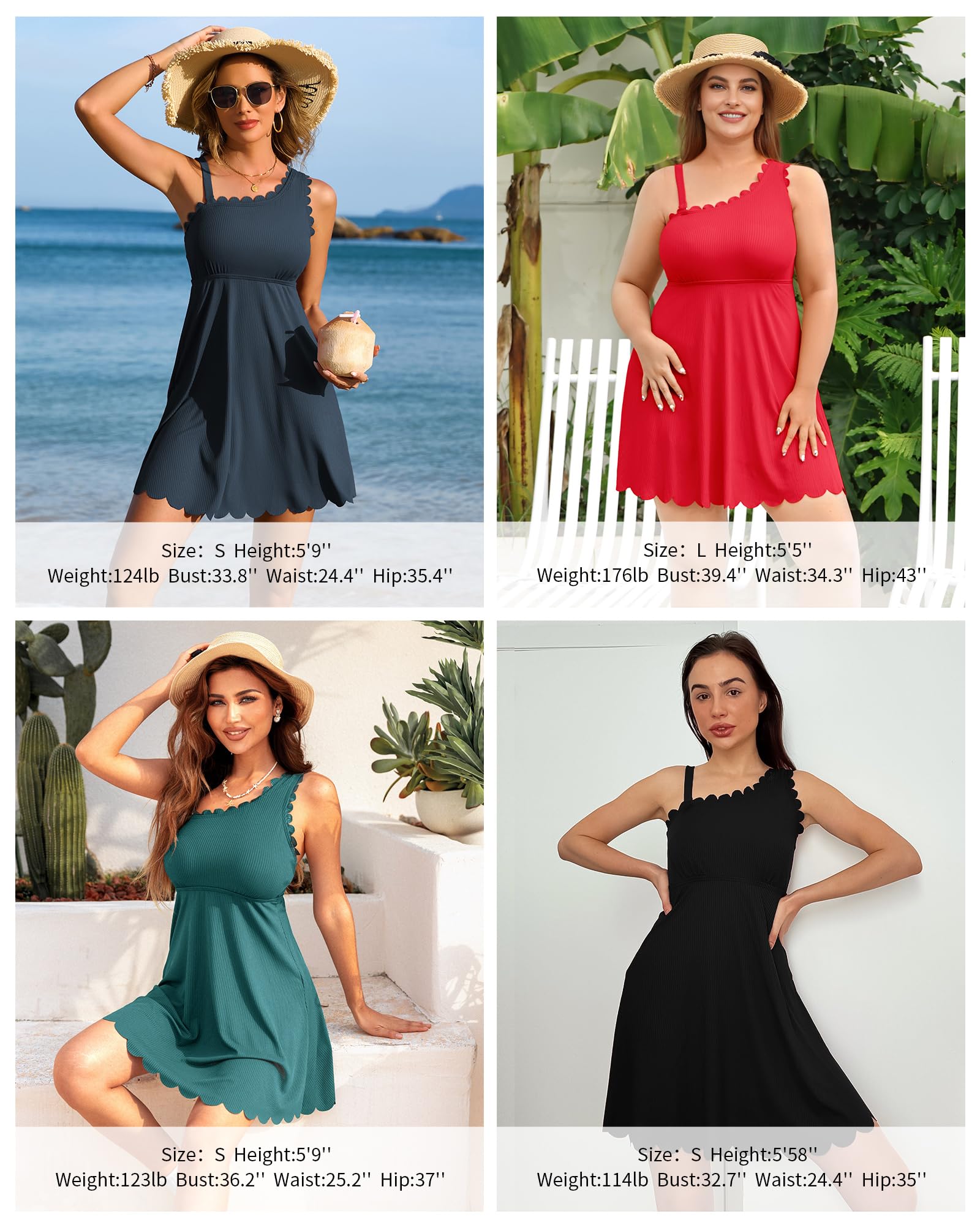 Charmo Ribbed One Shoulder Swim Dress Scalloped Tummy Control Swimsuits for Women Swimwear Built-in Side Tie and Briefs