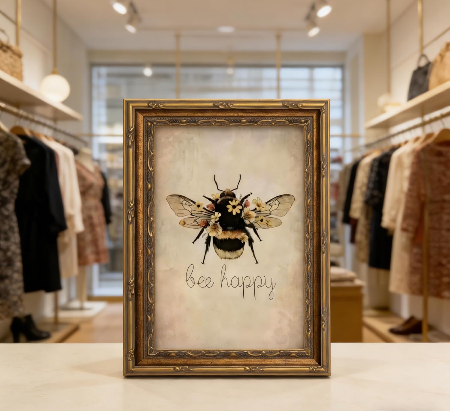 Gold Framed Vintage Bee Canvas Wall Art Retro Style Bee Happy Floral Painting Picture Wall Decor Animal Nursery Decor Poster Print Artwork for Living Room Bedroom Decor Home Decoration