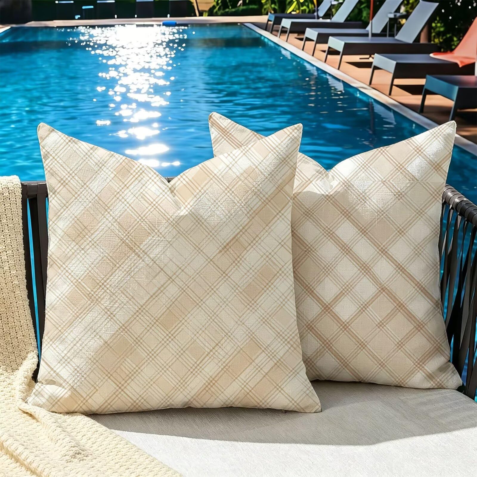 Kissenbezug 75x75cm 2er Set Outdoor Kissen Braun Gitter Samt