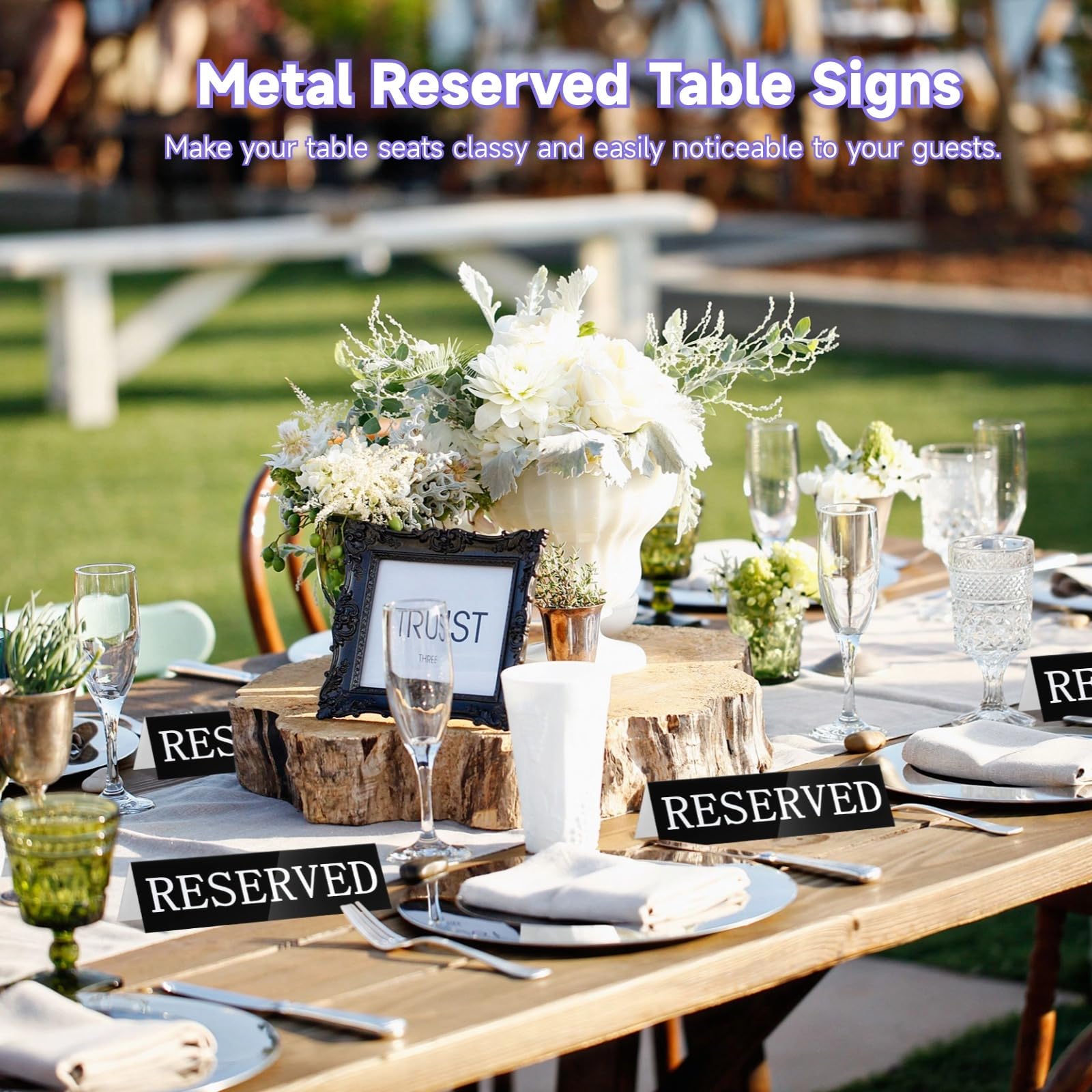 24 letreros de mesa reservados de metal, soportes de tienda de campaña de doble cara, letreros de escritorio reservados para bodas, fiestas, ceremonias, eventos, aleación de aluminio negro, 5.9 x 1.6