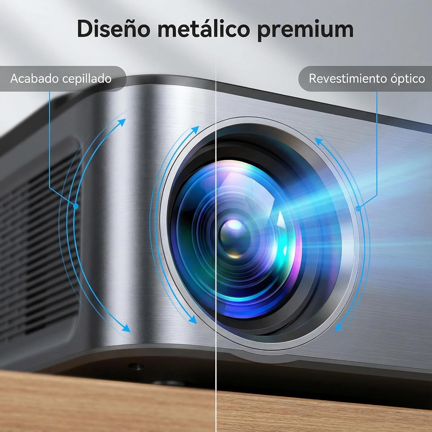 Image demonstrating the 360-degree rotational projection capability of the XIWBSY T08-PRO projector, showing various angles and orientations.
