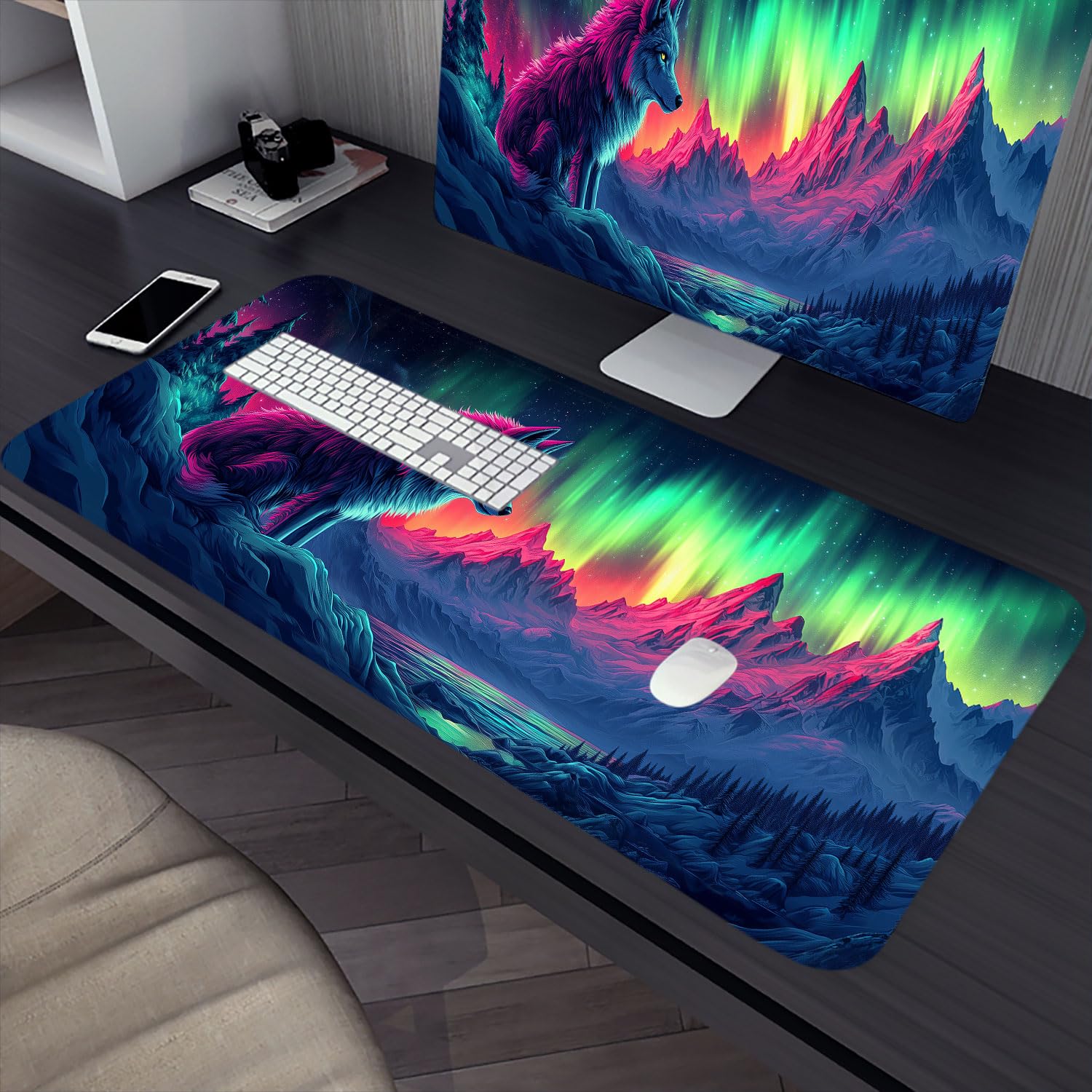 Tappetino da scrivania con lupo colorato Aurora Borealis Mountain Fantasy XL tappetino per mouse grande tappetino per tastiera per computer portatile tappetino da gioco tappetino per mouse 80 x 30 cm