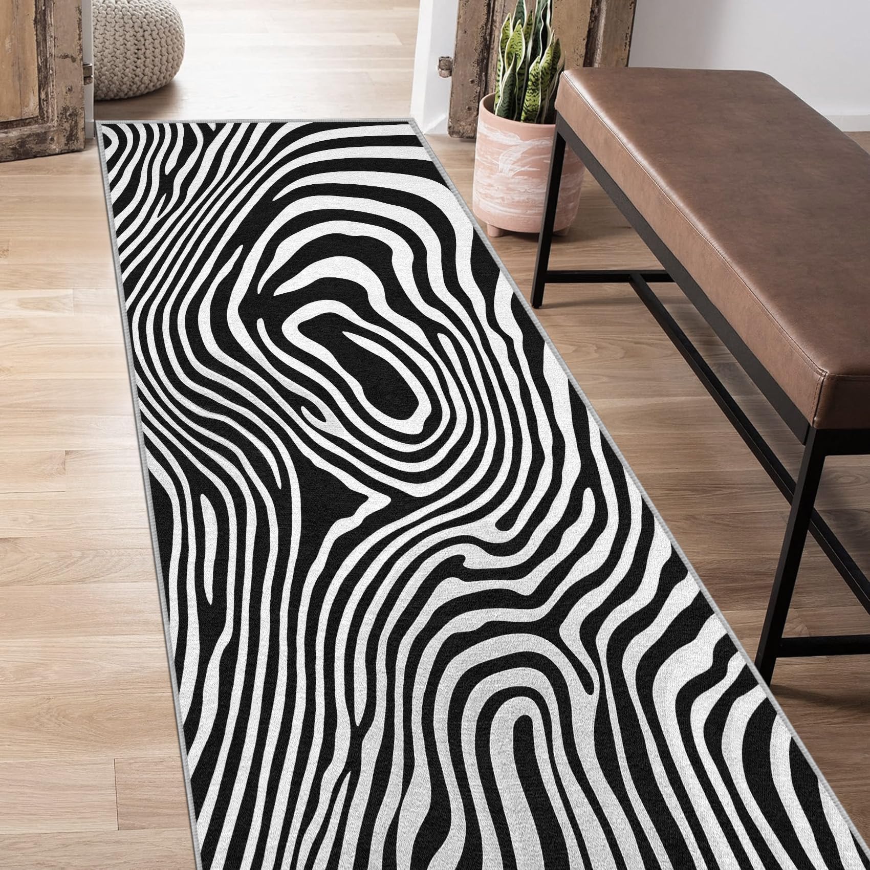 Generisch Zebra Print Läufer Teppich Flur 60x180cm Waschbar Schwarz Weiß Teppichläufer rutschfest Kurzflor Teppich Läufer für Eingang, küche, Schlafzimmer, Wohnzimmer, Korridor