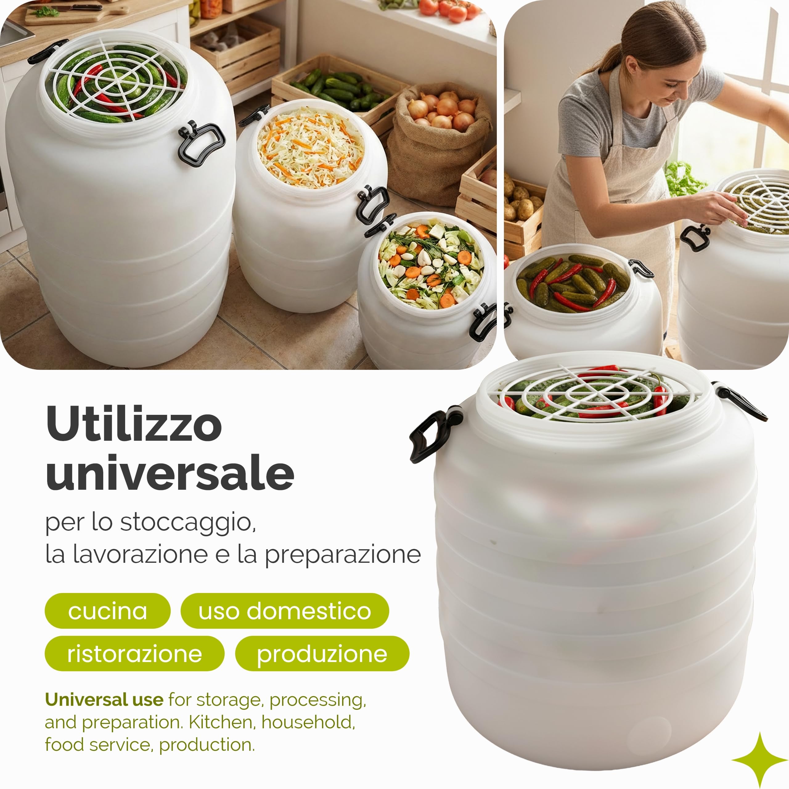 Garronda 120 L e rubinetto e pressa Fusto Bidone Plastica Mastello in HDPE come Contenitore e Serbatoio Acqua e Alimenti per Stoccaggio, Fermentazione e Raccolta Acqua Piovana GD-0187 Bianco