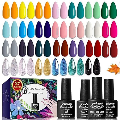 JEWHITENY Juego de 30 esmaltes de uñas de 27 colores, verde, azul, rosa, naranja, Gitter Sock Off Gel Polish con capa base superior mate y brillante