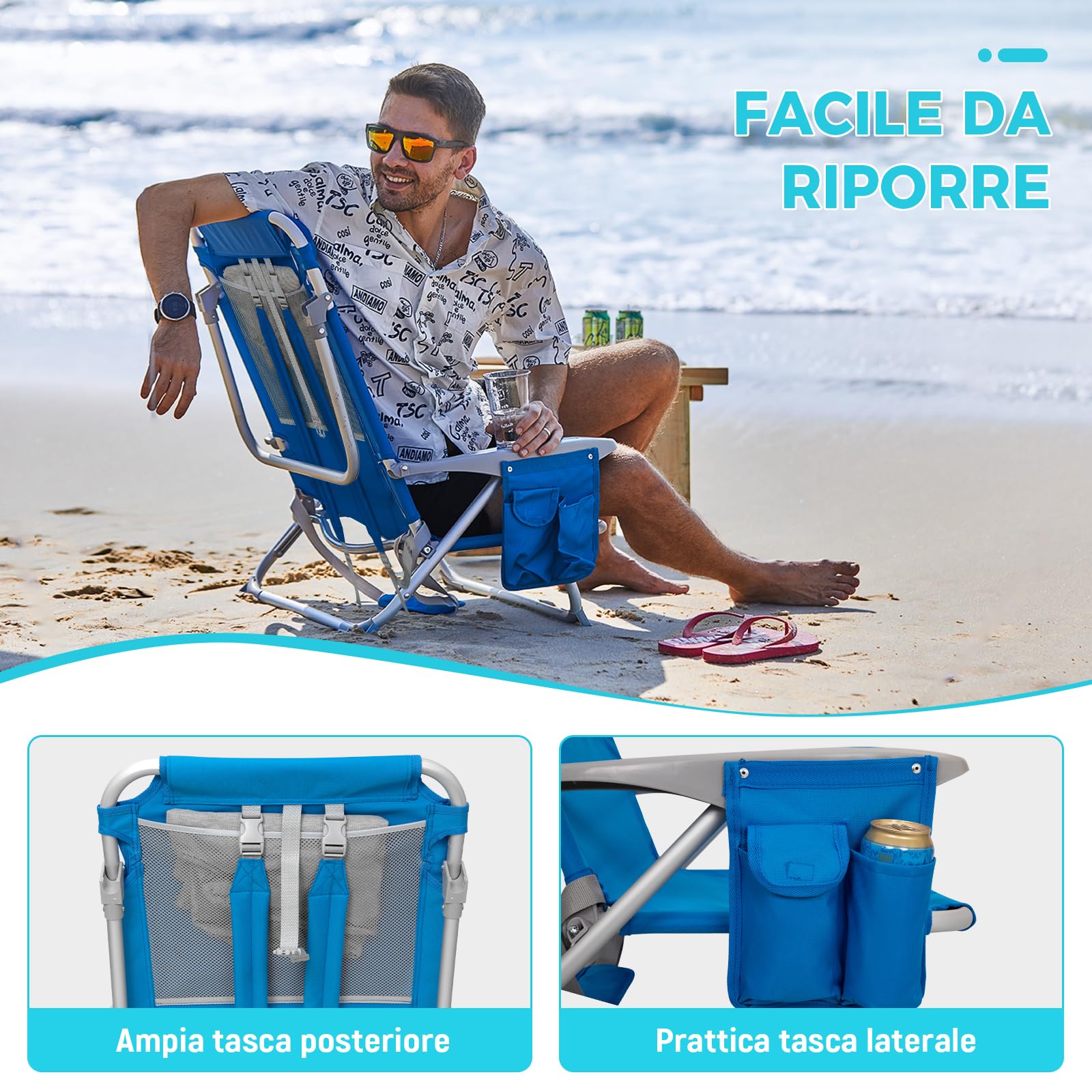 #WEJOY Sedia da Spiaggia Campeggio Pieghevole, Spiaggina Portatile con Tracolla, 4 Livelli Schienale Reclinabile Regolabile Sdraio con Basso Seduta, in Alluminio per Spiaggia Mare Campeggio
