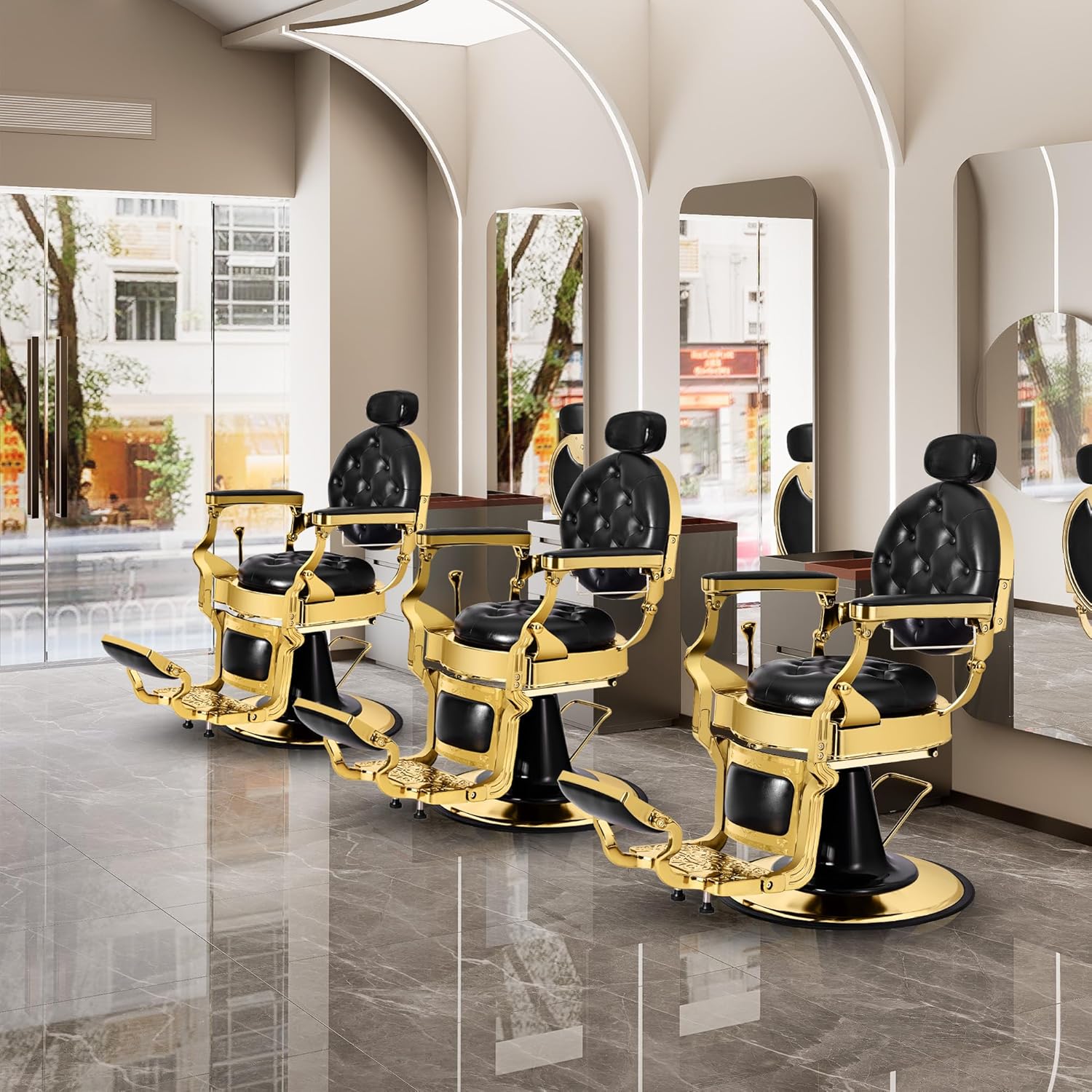 Black Gold Barber Chair, Reclining Salon Chair Vintage Hair Salon Chair Hair Stylist, Hydraulic All Purpose for Barbershop, Classic Tattoo Massage Beauty Spa Equipment