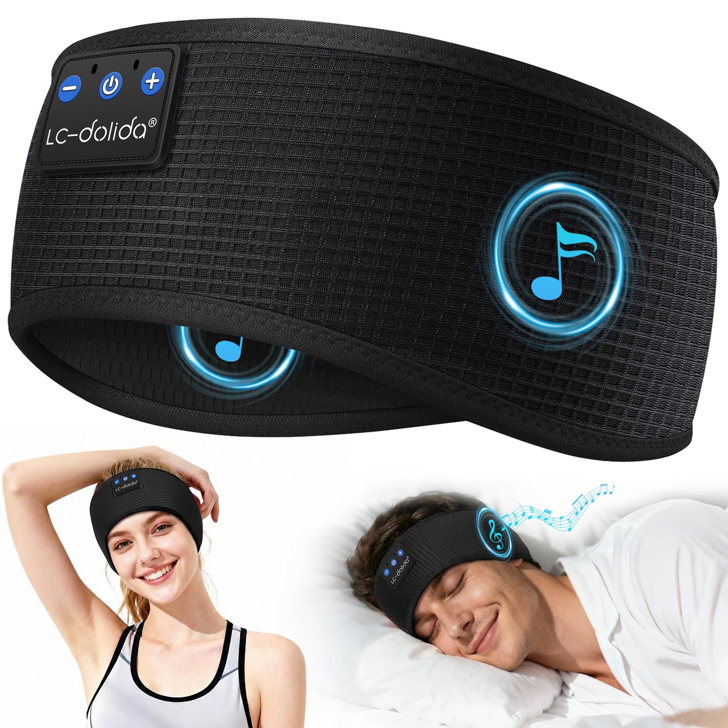 LC-dolida Schlafkopfhörer Bluetooth Stirnband, Seitenschläfer Kopfhörer mit 15+ Std Spielzeit, HiFi-Stereo, Bluetooth 5.4, 4D-Stretchstoff für Sport, Training, Joggen, Yoga, Reisen