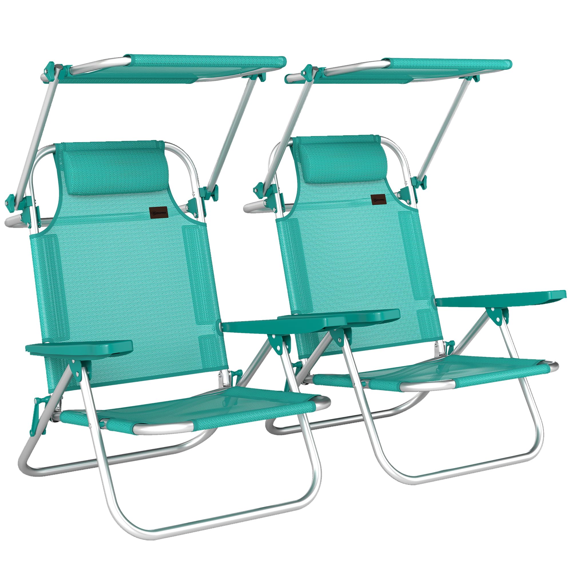 Outsunny Pack de 2 Sillas de Playa Plegables con Dosel Ajustable, Respaldo Reclinable en 6 Posiciones y Reposacabezas, Sillas Bajas Portátiles con Brazos Carga 120kg para Acampada Jardín Turquesa
