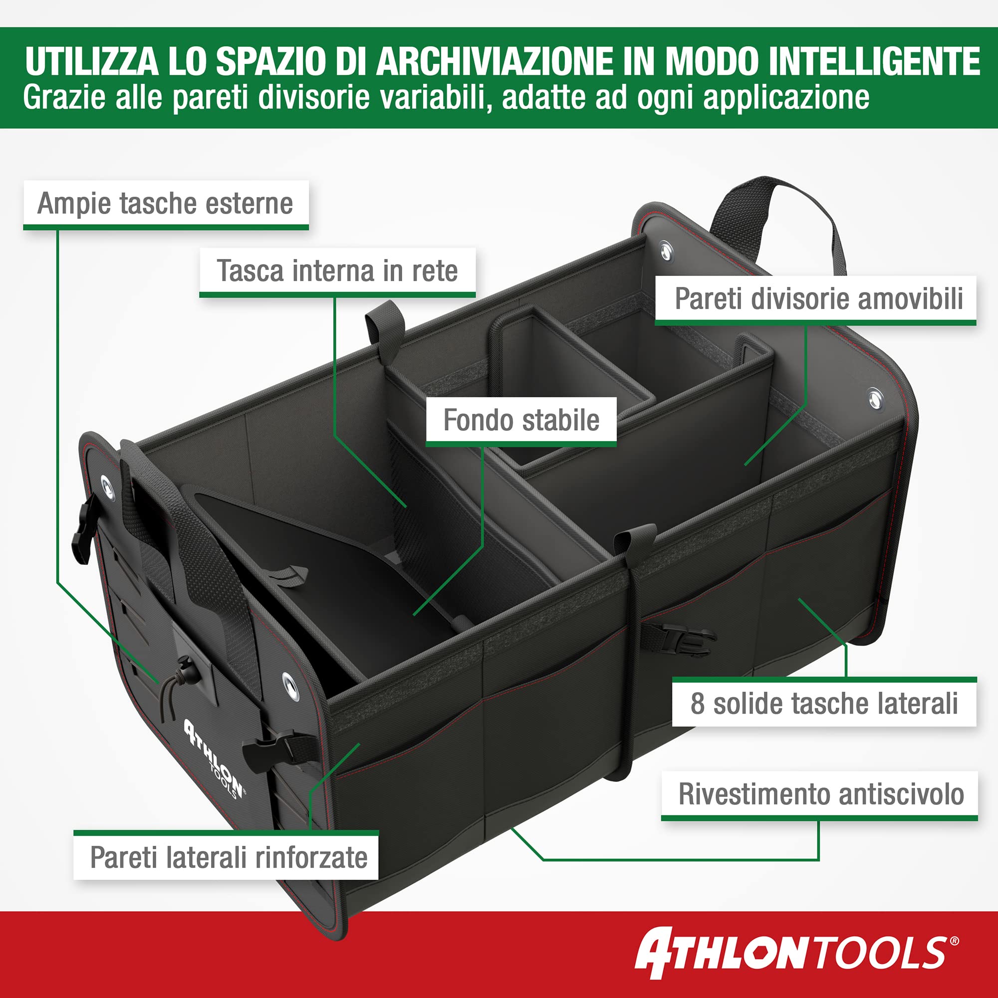 ATHLON TOOLS Borsa per bagagliaio di alta qualità con coperchio, 60 litri, organizer per bagagliaio XXL, fondo extra stabile e impermeabile, con chiusura a strappo
