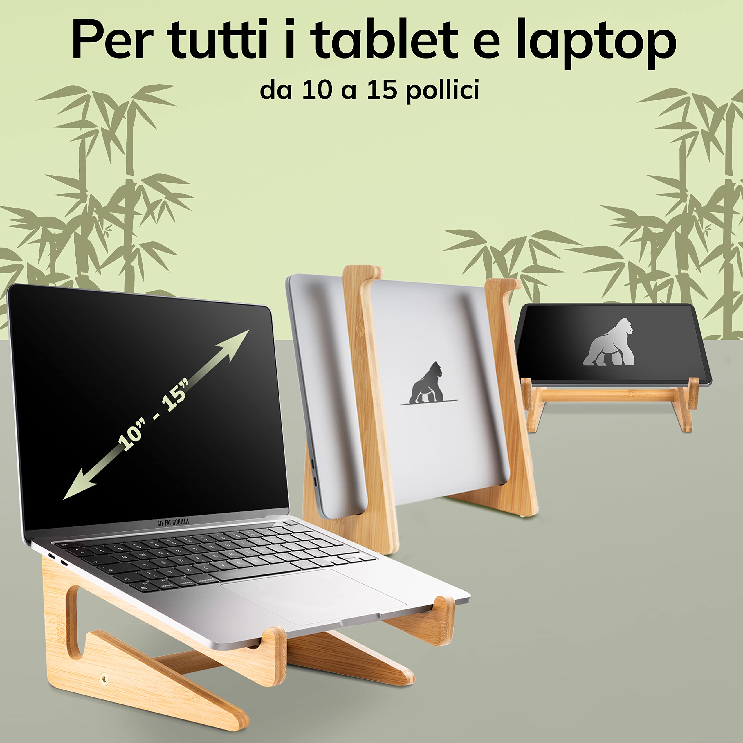 MY FAT GORILLA Supporto PC Portatile Legno Bambù – Rialzo PC Portatile per MacBook & Notebook – Supporto Laptop Scrivania – Alzata PC da Scrivania Bambù per 10-15 pollici