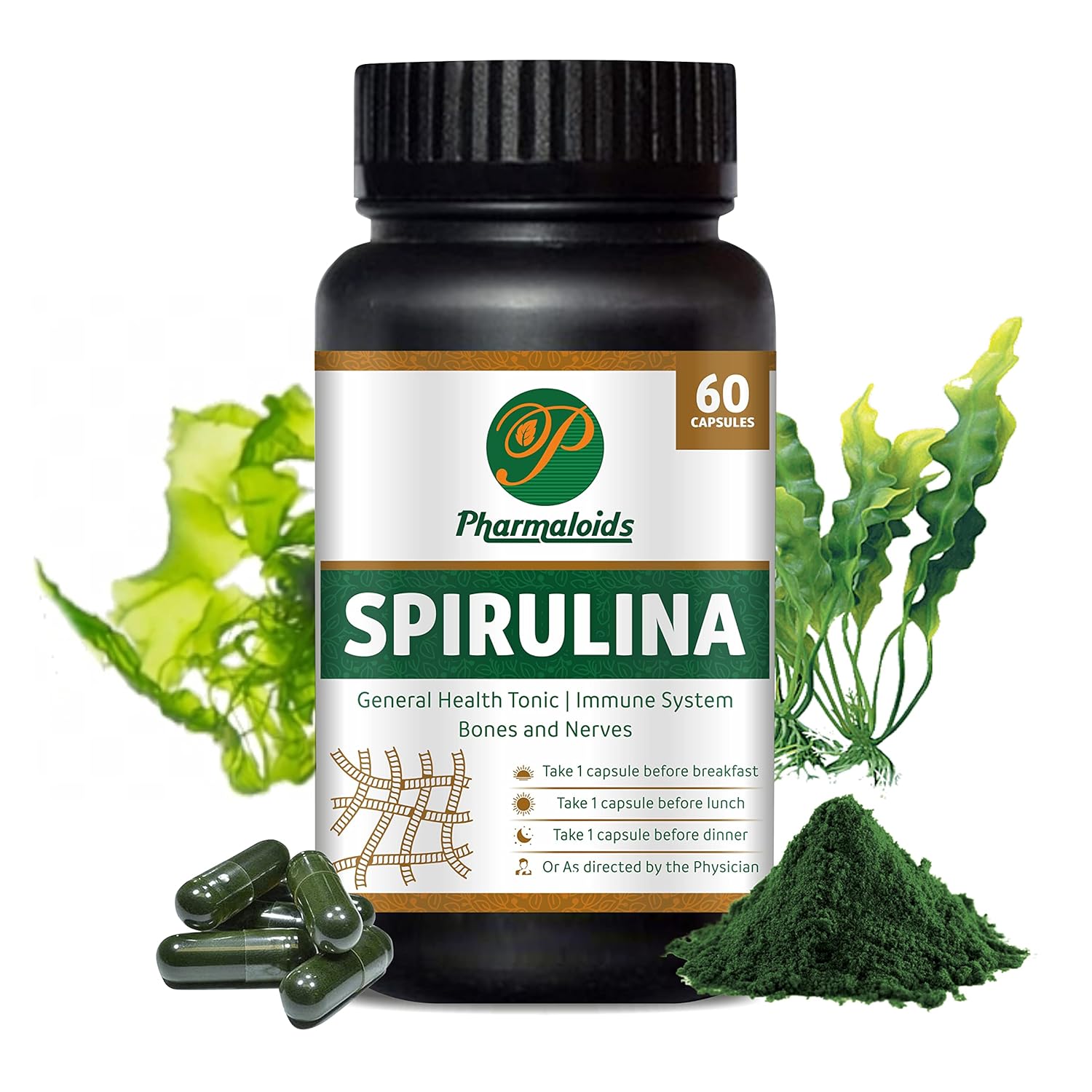 Pharmaloids Spirulina Capsules 100 Vegan Organic Plant Based Spirulina