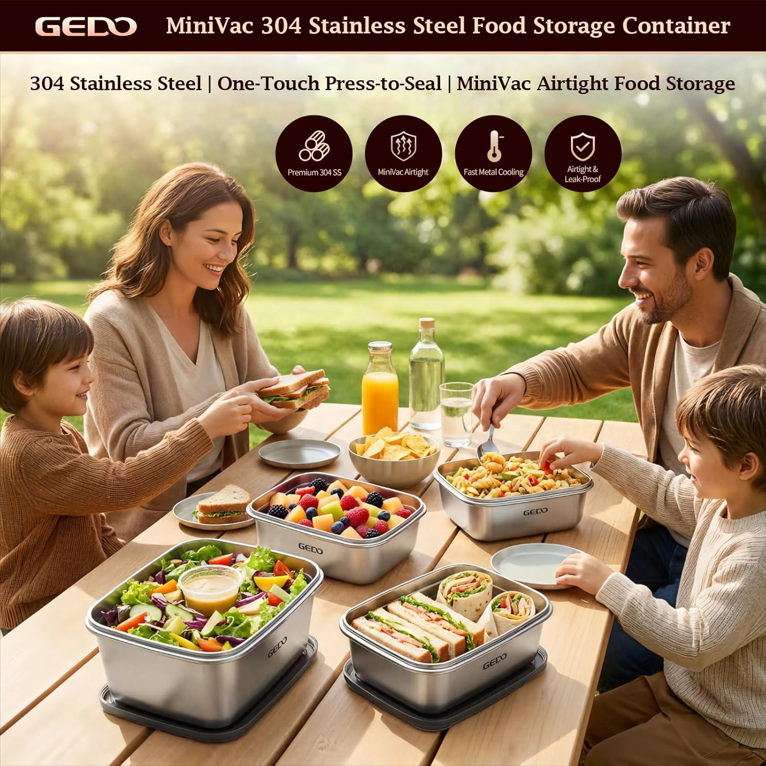 GEDO Stainless Steel Food Storage Containers with Lids, 304 Stainless Steel, Rectangular Lunch Box Set for Refrigerator and Freezer Organization,4-Piece