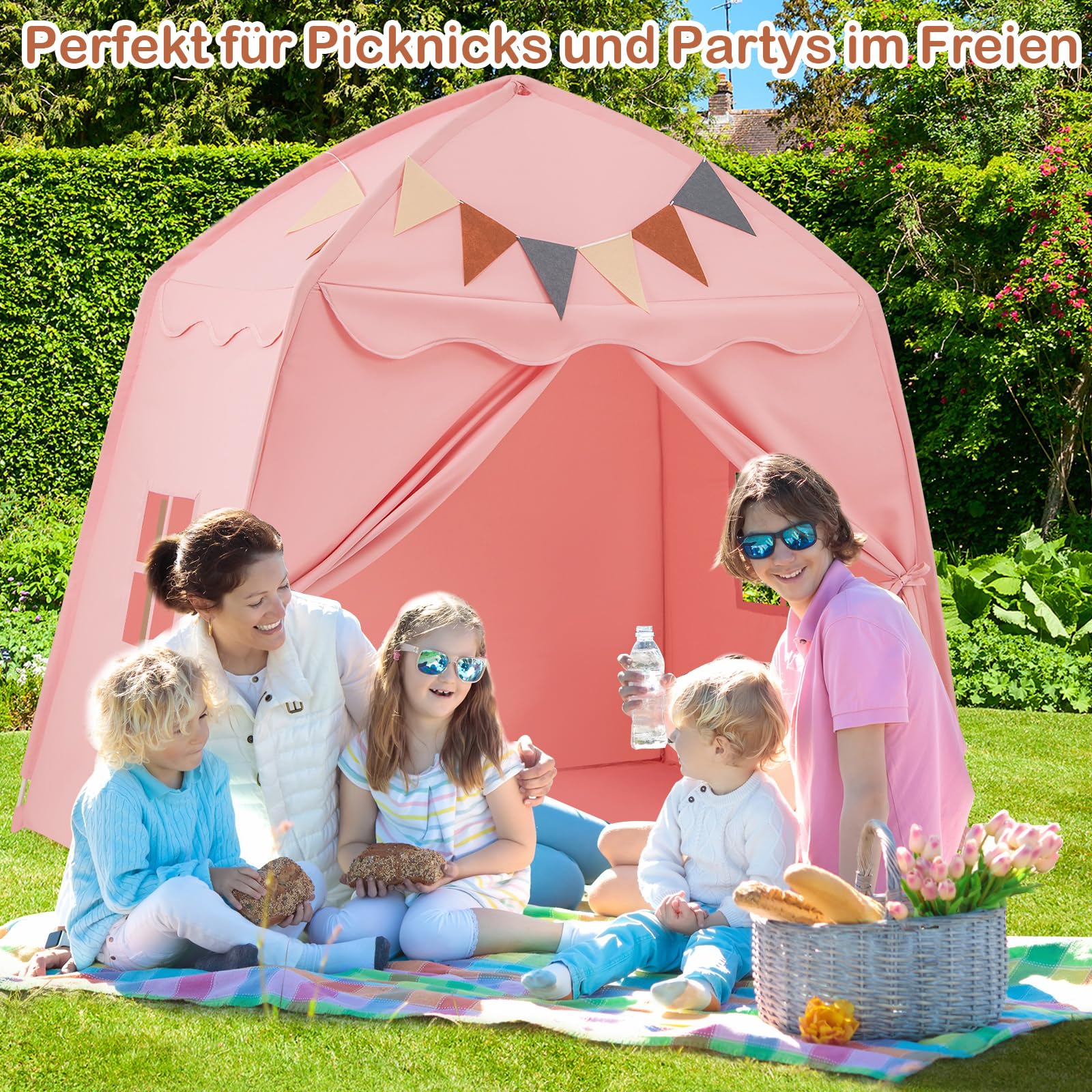 COSTWAY Spielhaus Kinder Indoor, Kinderzelt mit Flaggen & Lichterketten, Prinzessin Spielzelt, Großes Zelt Kinderzimmer für Jungen und Mädchen ab 3 Jahren, 157 x 98 x 148 cm (Rosa)