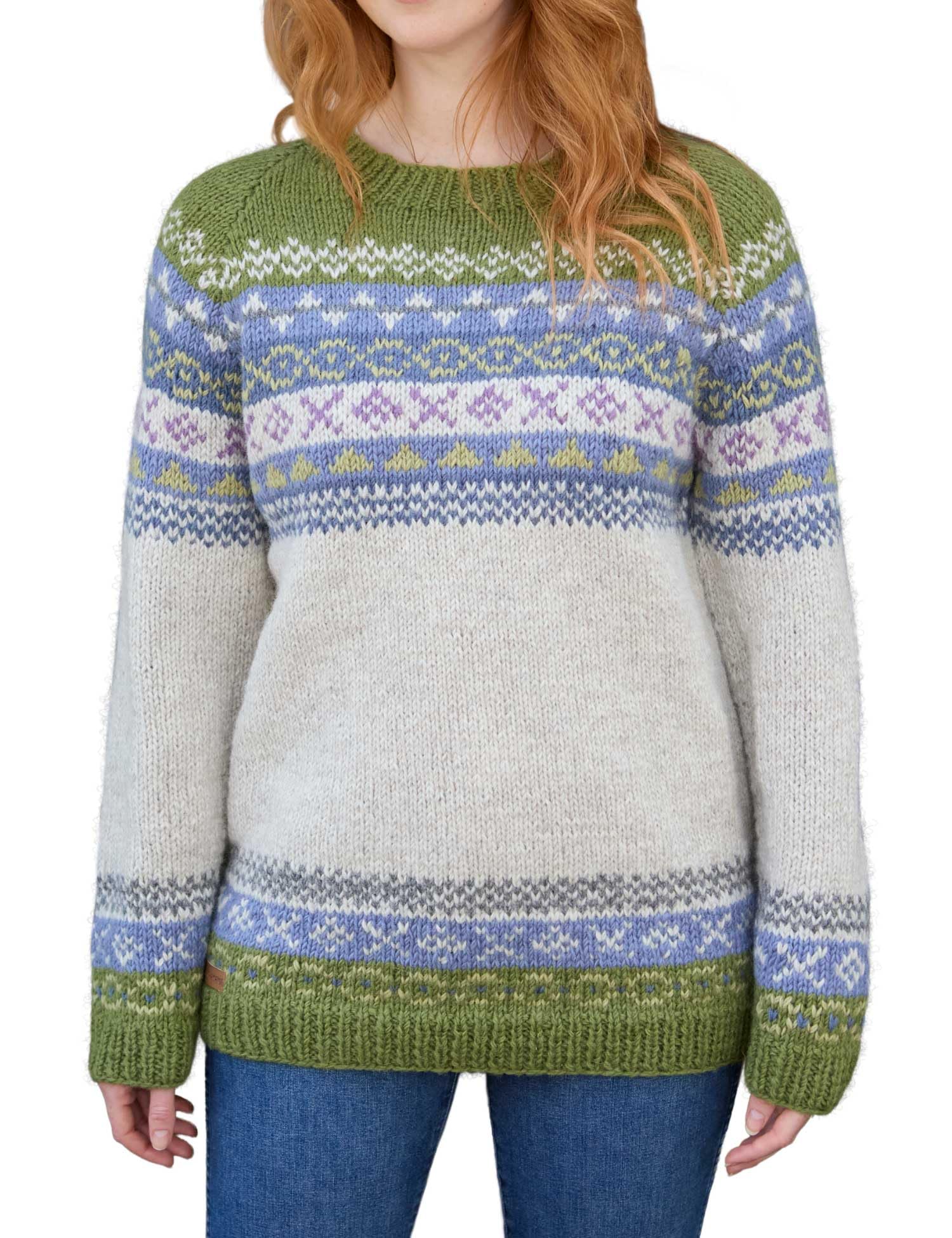 Pachamama Maglione da donna in lana lavorato a mano tradizionale individuale Fair Isle modello fatto a mano spesso caldo pullover maglione commercio equo e solidale