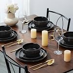E-far Stoneware Dinnerware Sets for 2, 6-Piece Plates and Bowls Set, Modern Ceramic Dishes Dinning Ware, Microwave & Dishwasher Safe - Matte Black
