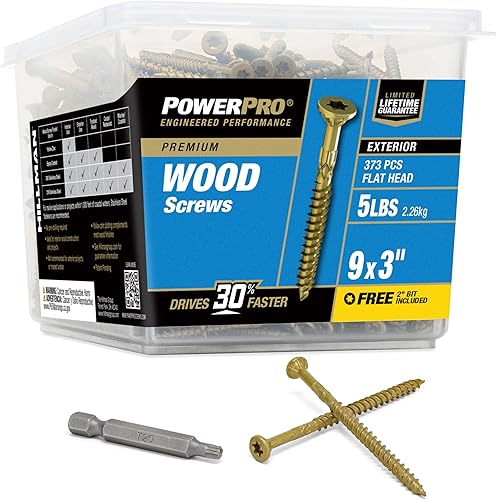 Power Pro Tornillos de madera para exteriores de alta calidad, tornillos de cubierta multiusos #9 x 3 pulgadas para proyectos al aire libre, broca