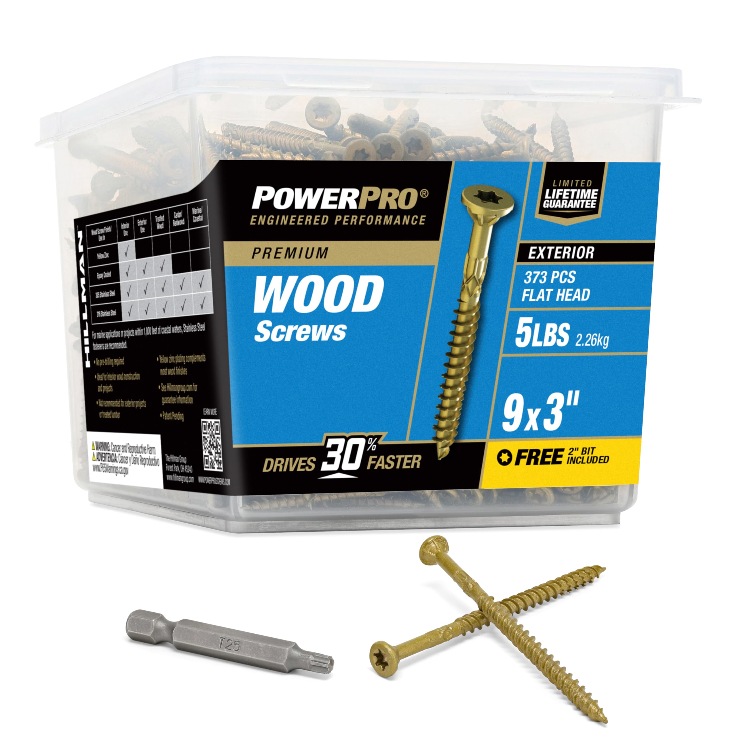 Hillman Power Pro Premium Exterior Wood Screws, 9 x 3", 5 lb Bucket of Screws, Exterior Epoxy Coated, Bronze, 417 Pieces