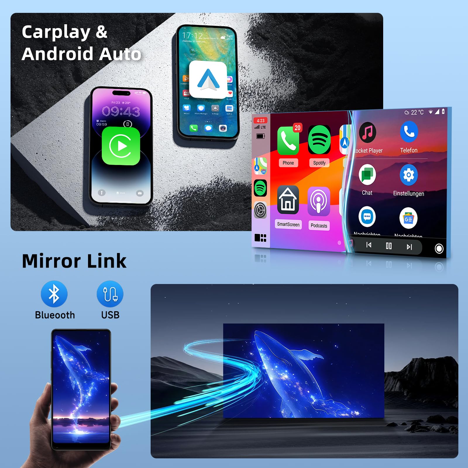 Radio samochodowe Hodozzy Carplay 8 rdzeni, 6 + 128 G, do VW Passat Golf Seat Altea Skoda Octavia z USB/USB C/Navi, 8 cali VW radio samochodowe Bluetooth z systemem Android Auto/Mirror Link/32 EQ/FM