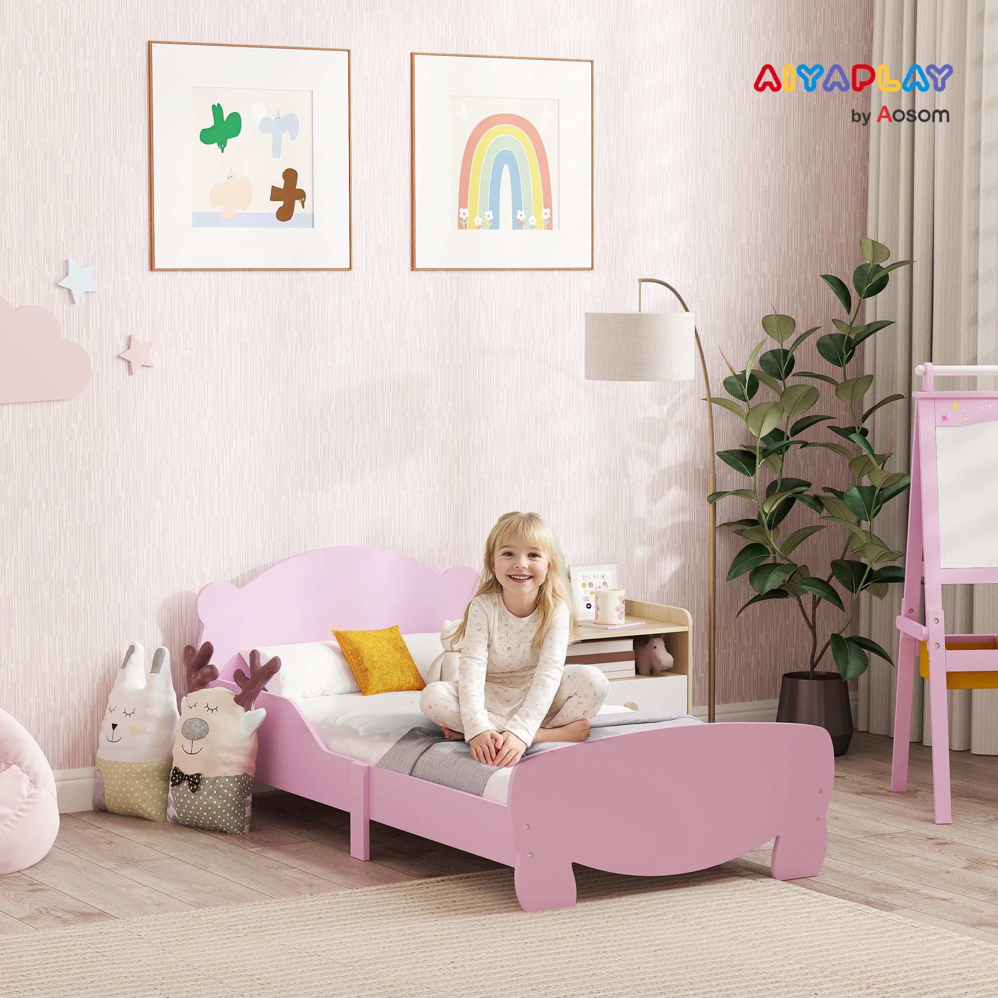 AIYAPLAY Letto Montessori Bambini 140x70 cm Lettino Singolo con Sponde Anti-Caduta Rosa
