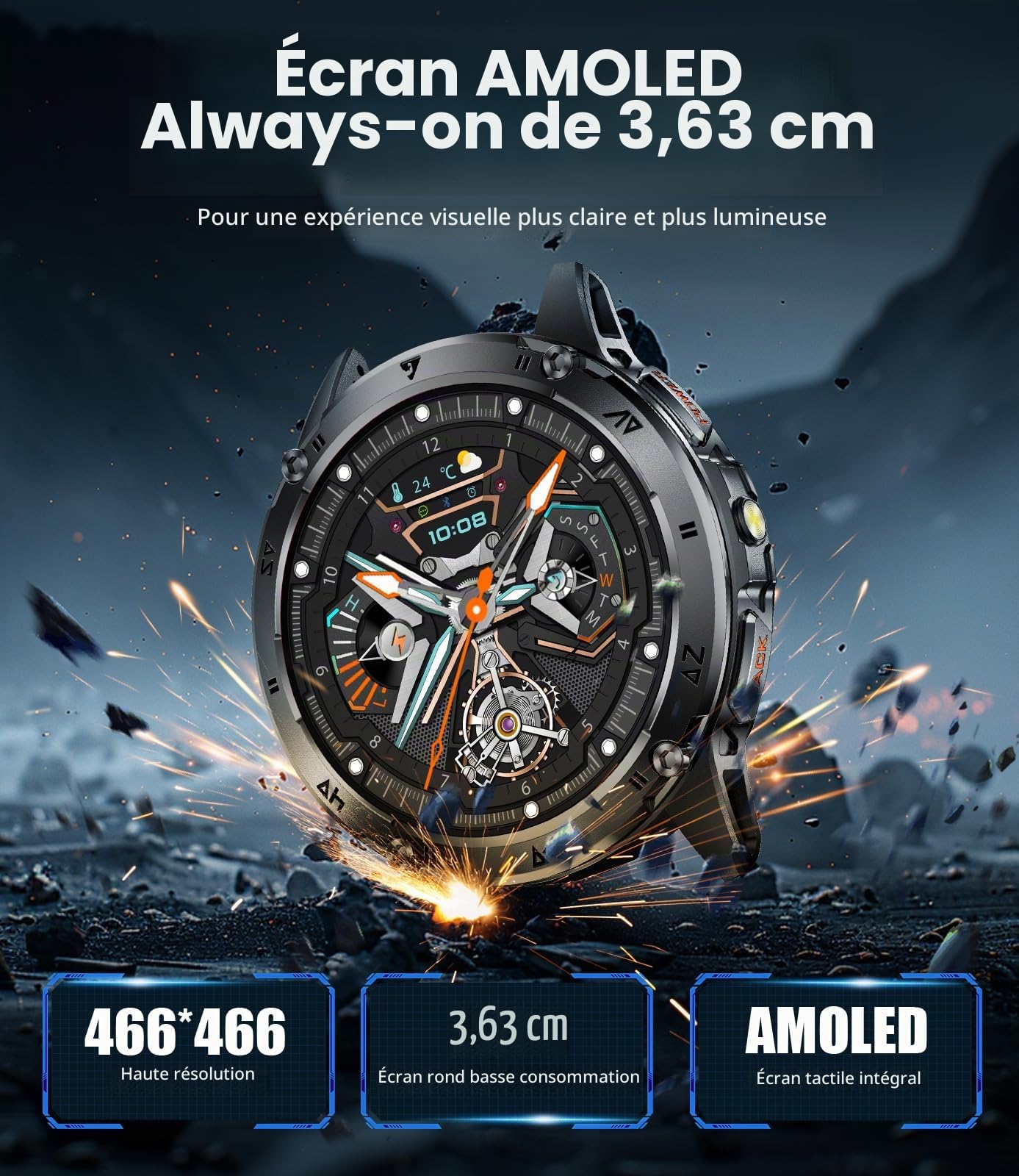 Montre Connectée Homme, Appels Bluetooth, 1,43" AMOLED Écran, Lampe Torche, 110+ Modes Sportifs, Montre de Fitness/Fréquence Cardiaque/Sommeil, IP68, Compatible Android et iOS, Noire