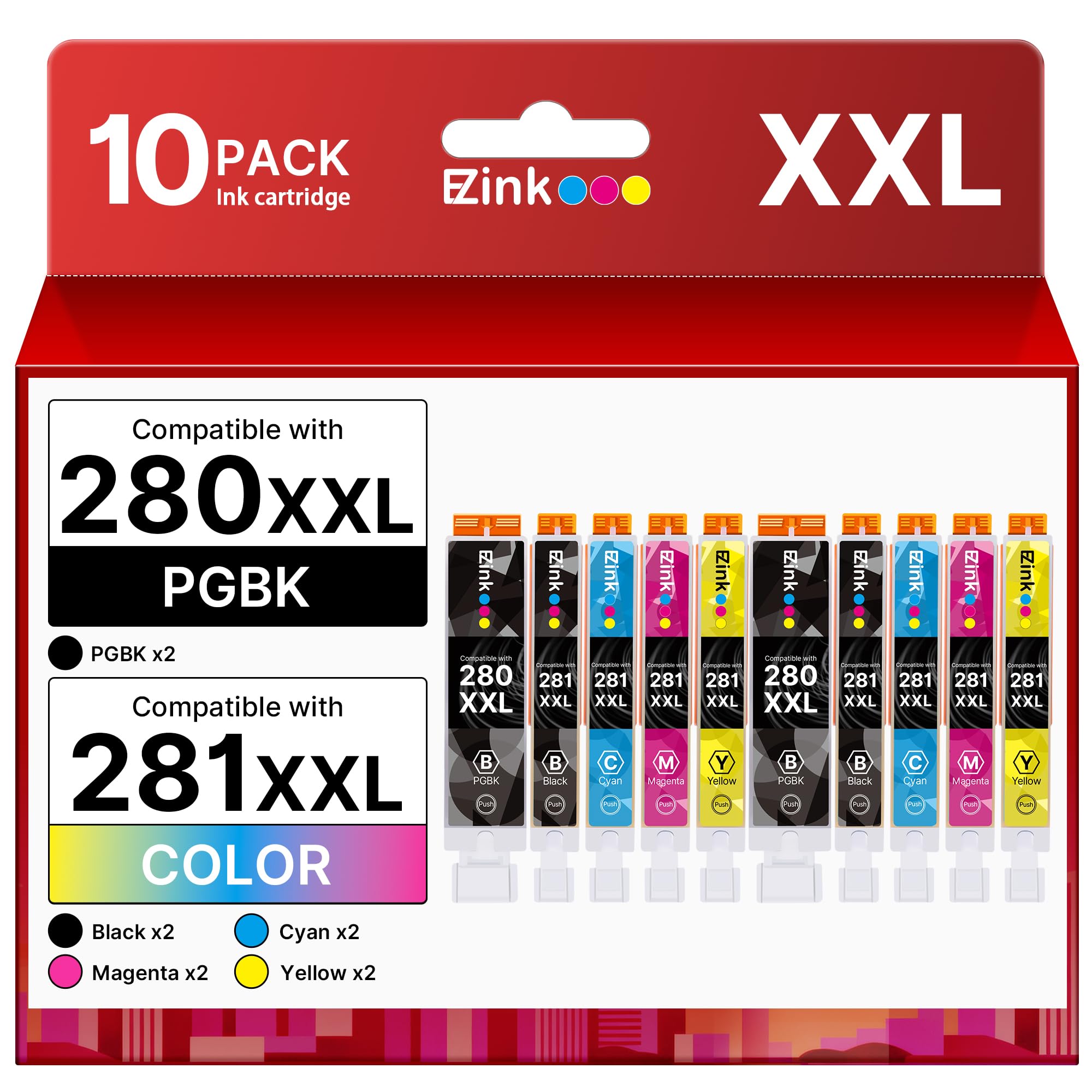 10 Pack 280 281 XXL Ink Cartridges Replacement for Canon 280 281 Ink cartridges PGI280XXL CLI281XXL Compatible with PIXMA TR8620a TS9521C TR7520 TR8620 TR8520 TR8600 TR7520 TS702a TS9520 TS6120