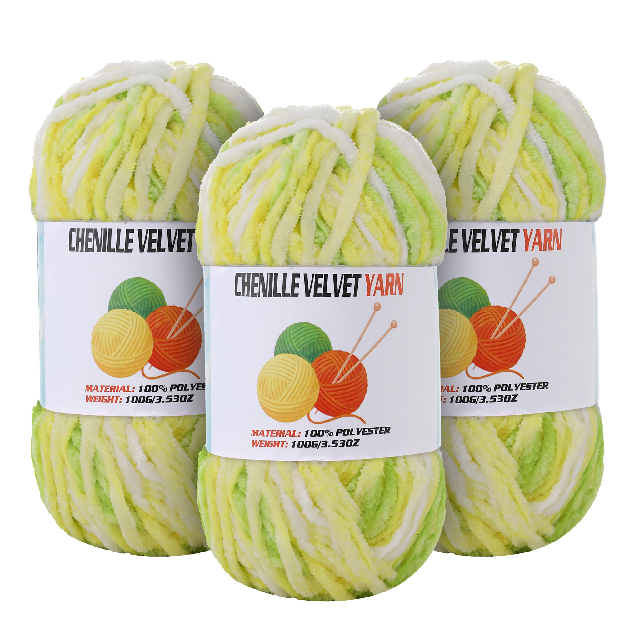 3 * 100g Velvet Chenille Chunky Yarn for Crocheting, Handcrafts Weaving Soft Chenille Yarn for Crocheting Clearance, Used for Making Baby Yarns Blanket, Clothes, Knitting Creations (Colorful - A)