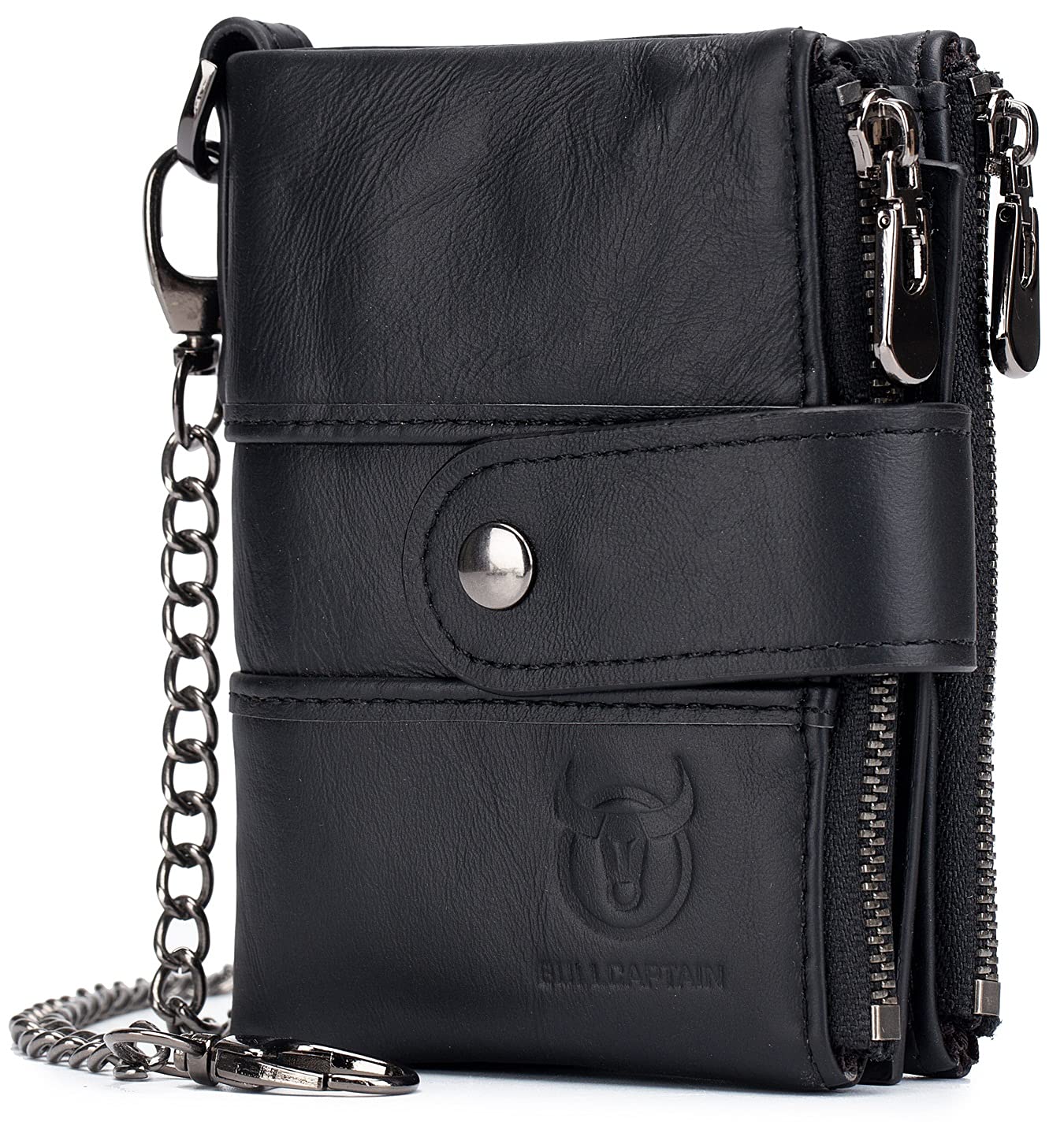 BULLCAPTAIN Genuine Leather Men Wallet with Anti Theft Chain Bifold RFID Blocking Wallets for Men Double Zipper Coin Purse with ID Window (Black)
