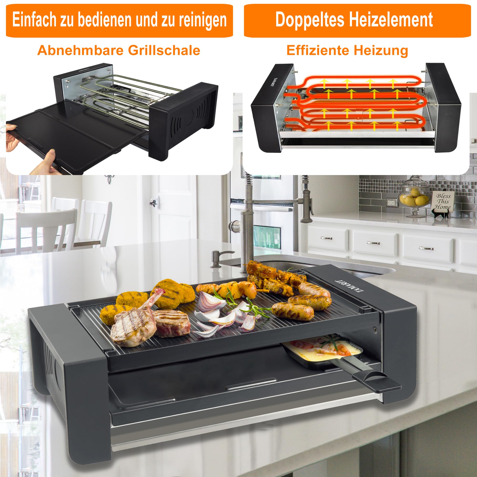 TAMARIT Raclette-Grill 3-in-1, mit Pizza-Funktion, 1500W, für 8 Personen | Elektrischer Tischgrill, Doppelheizung, BPA-freie Antihaftbeschichtung, Temperaturregler, 1500W