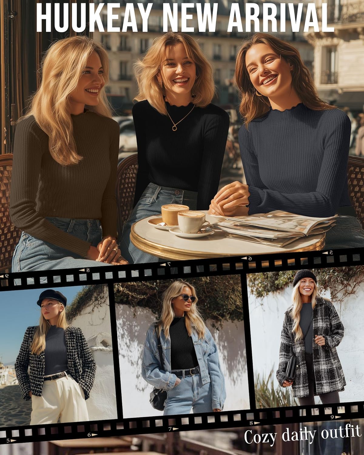 Huukeay 3 Pack Women's Ribbed Mock Turtleneck Shirts Cotton Long Sleeve Tops Lettuce Trim Slim Fit Soft Tees for Layering - Image 5