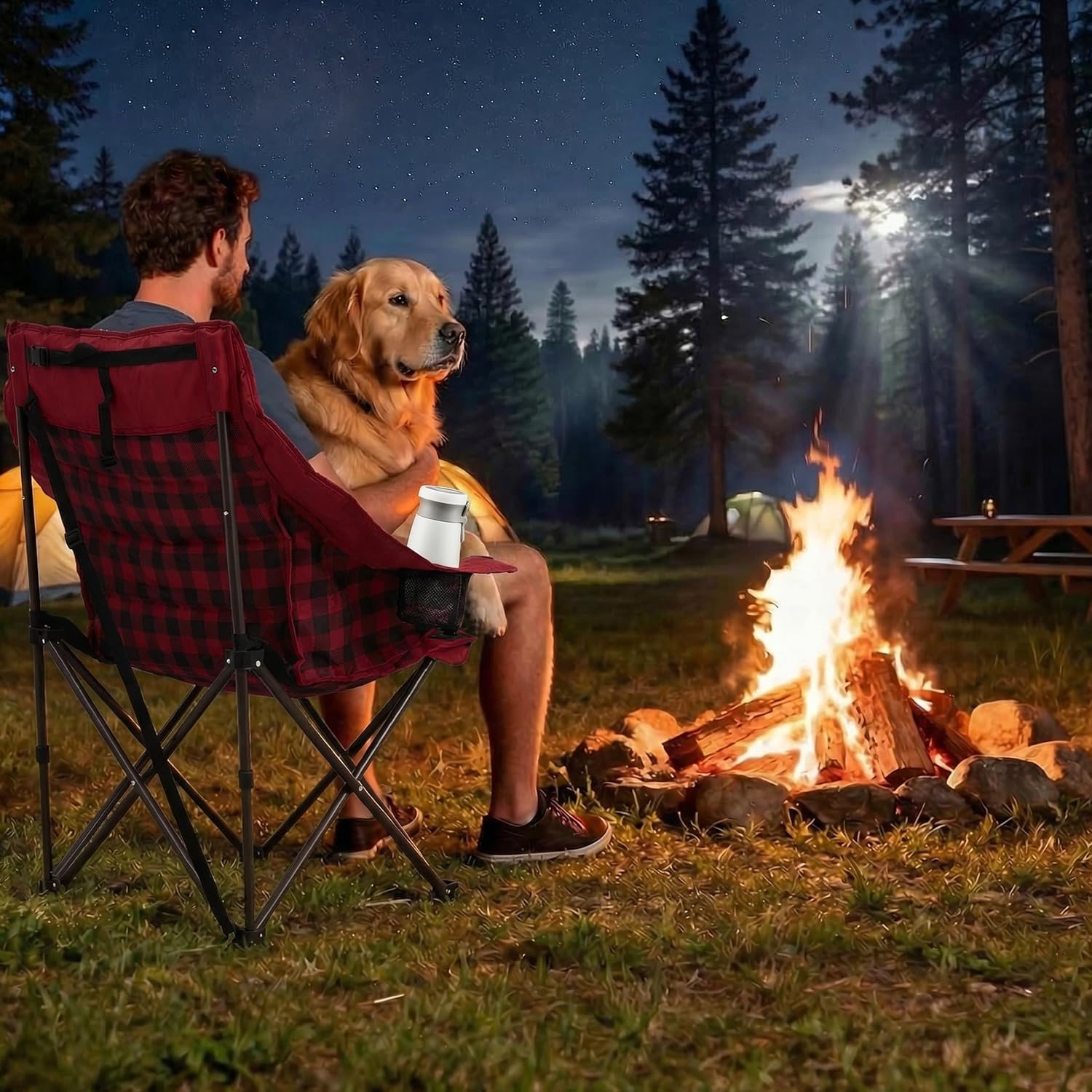 SUNNYFEEL 2 Pack Heavy Duty Camping Chairs for Adults Portable Oversized Folding Chair with Side Pockets & Cup Holde for Fishing,Trip,Picnic,Lawn,Concert Outdoor, Carry Bag Included