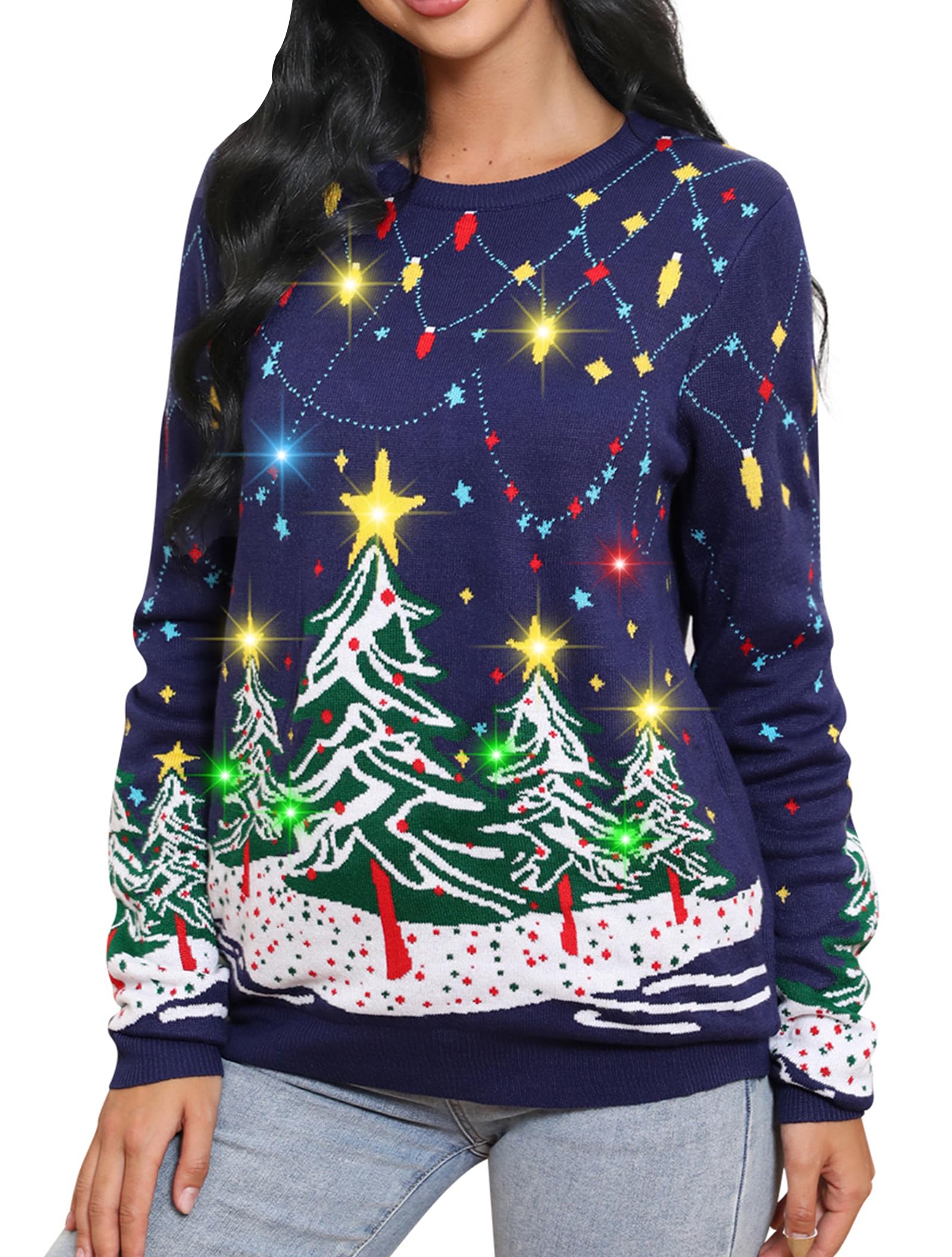 RAISEVERNUgly Christmas Sweater for Women Light Up Knitted Pullover Xmas LED Long Sleeve Sweaters